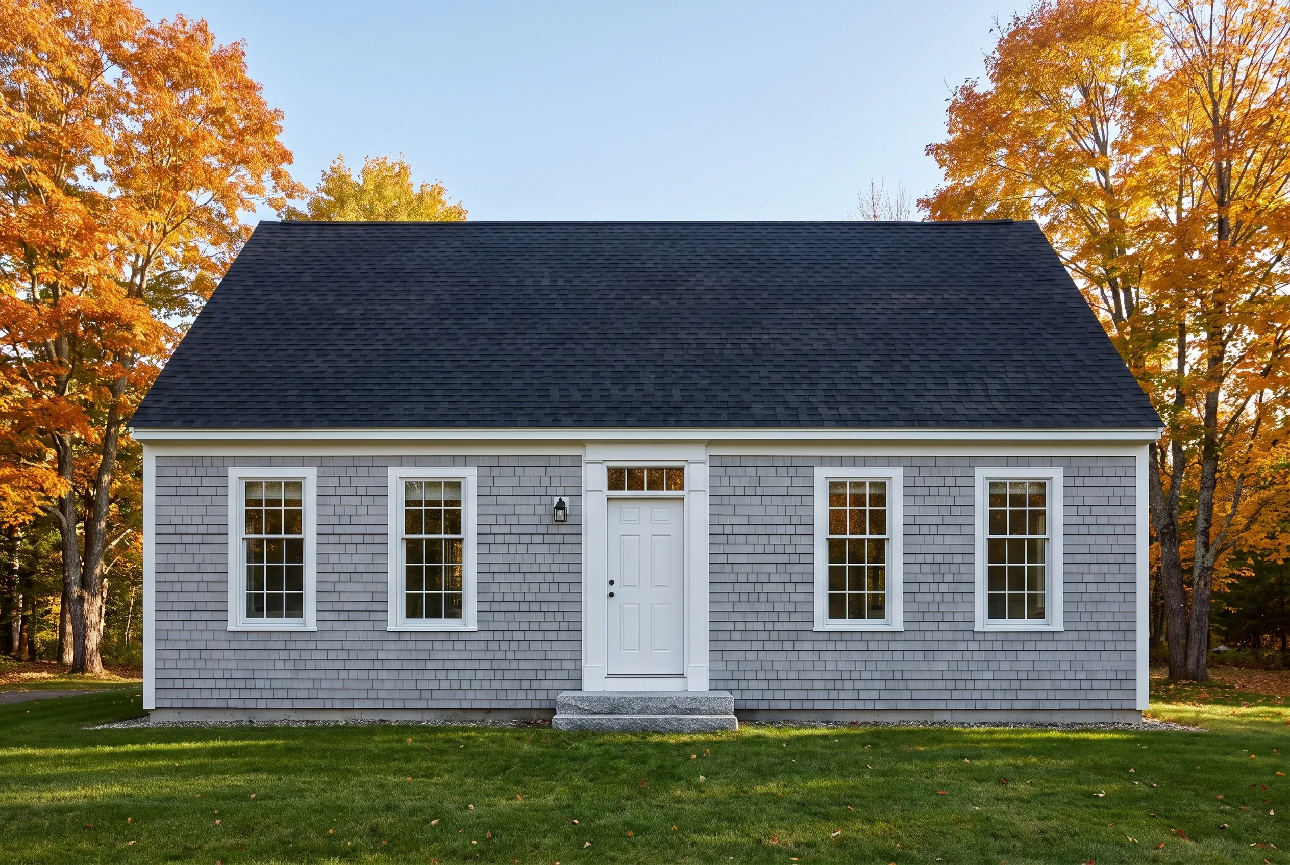 Maine Cottage: Single-story house with gray shingle siding, white trim and door, dark roof, surrounded by autumn trees and lawn.