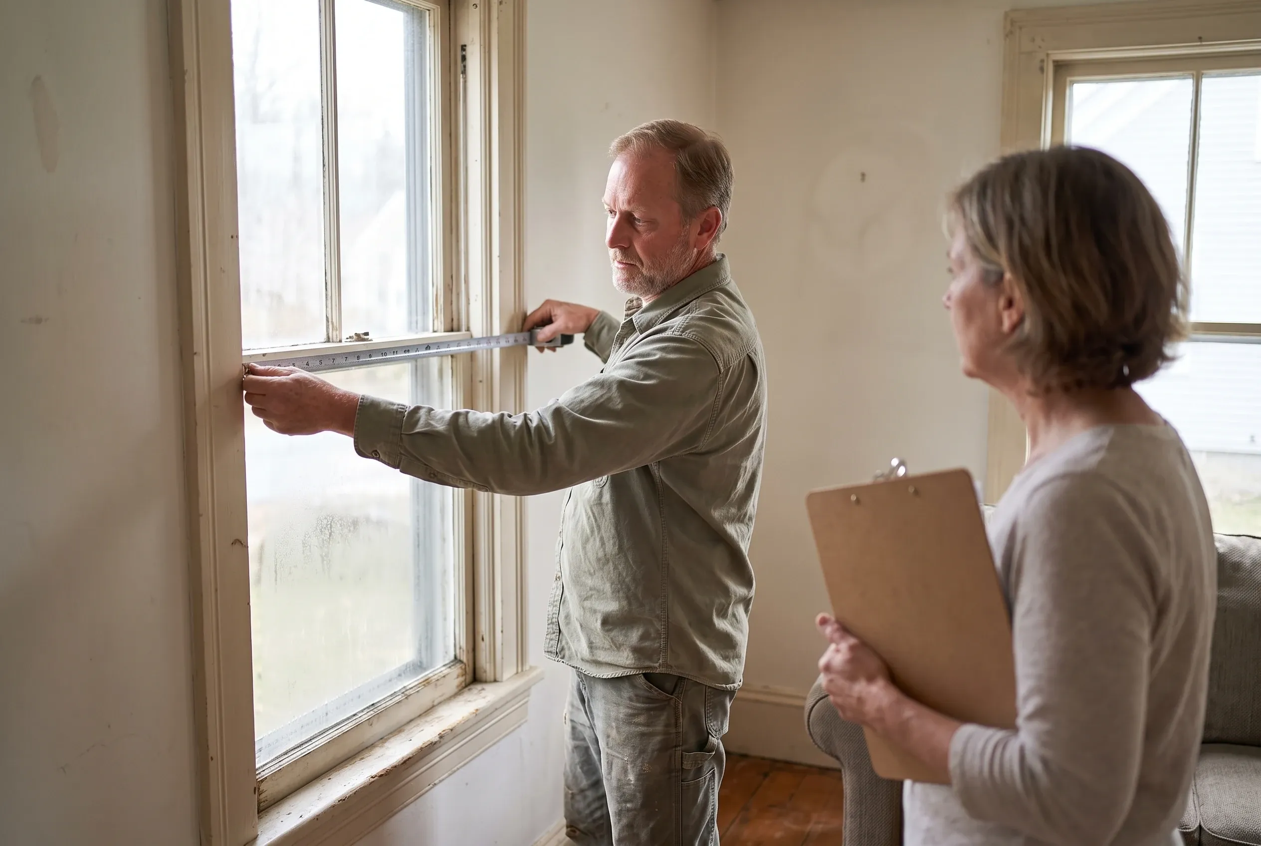 Matt Libby stretching a tape measure across the inside of a window opening while a homeowner, seen from behind, holds a clipboard