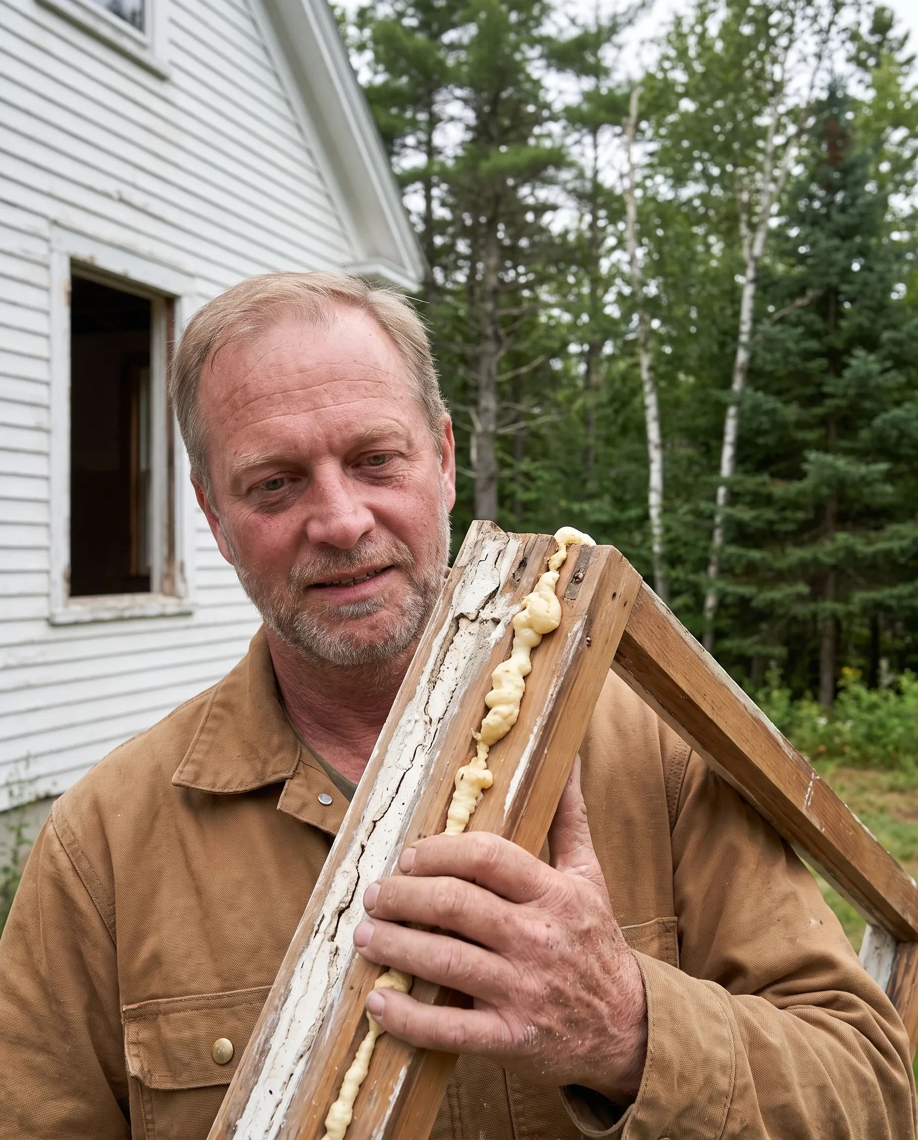Matt Libby holding an old wooden window sash pulled from its frame, dried caulk and a bead of expanding foam stuck along one edge