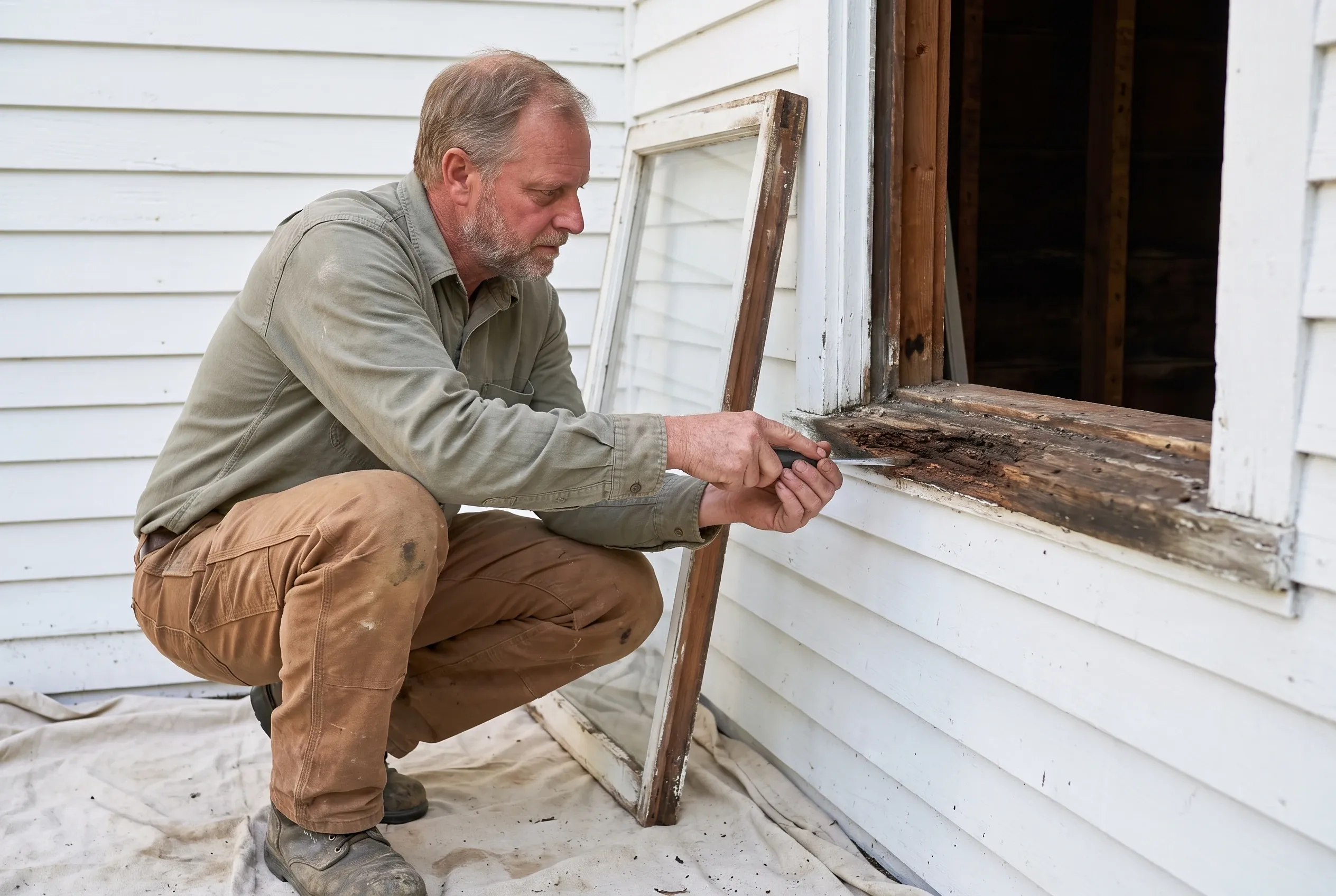Matt Libby pressing a screwdriver tip into a dark, soft window sill on an older Saco house, the old sash already out of the opening