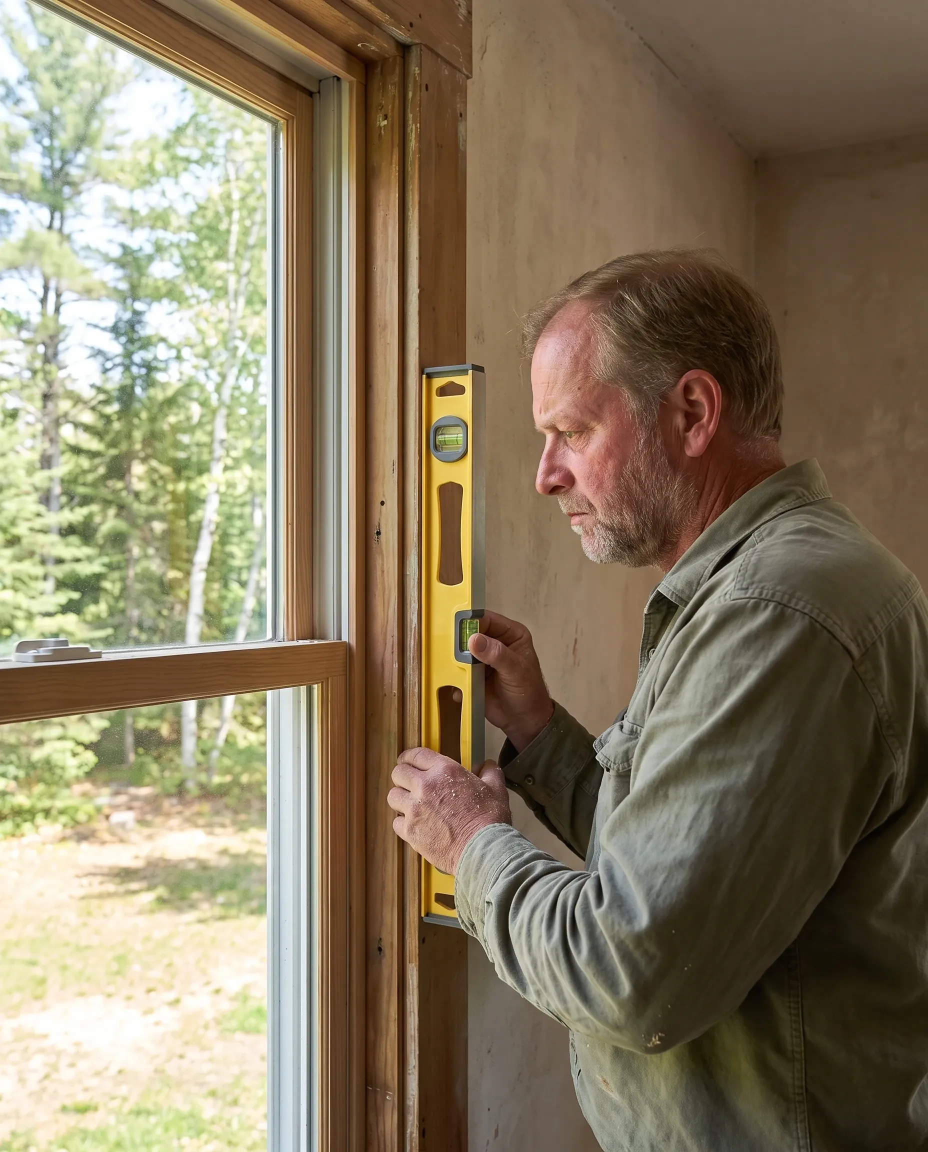 Matt Libby holding a level against the side jamb of an old window frame from inside a room, checking the frame for square