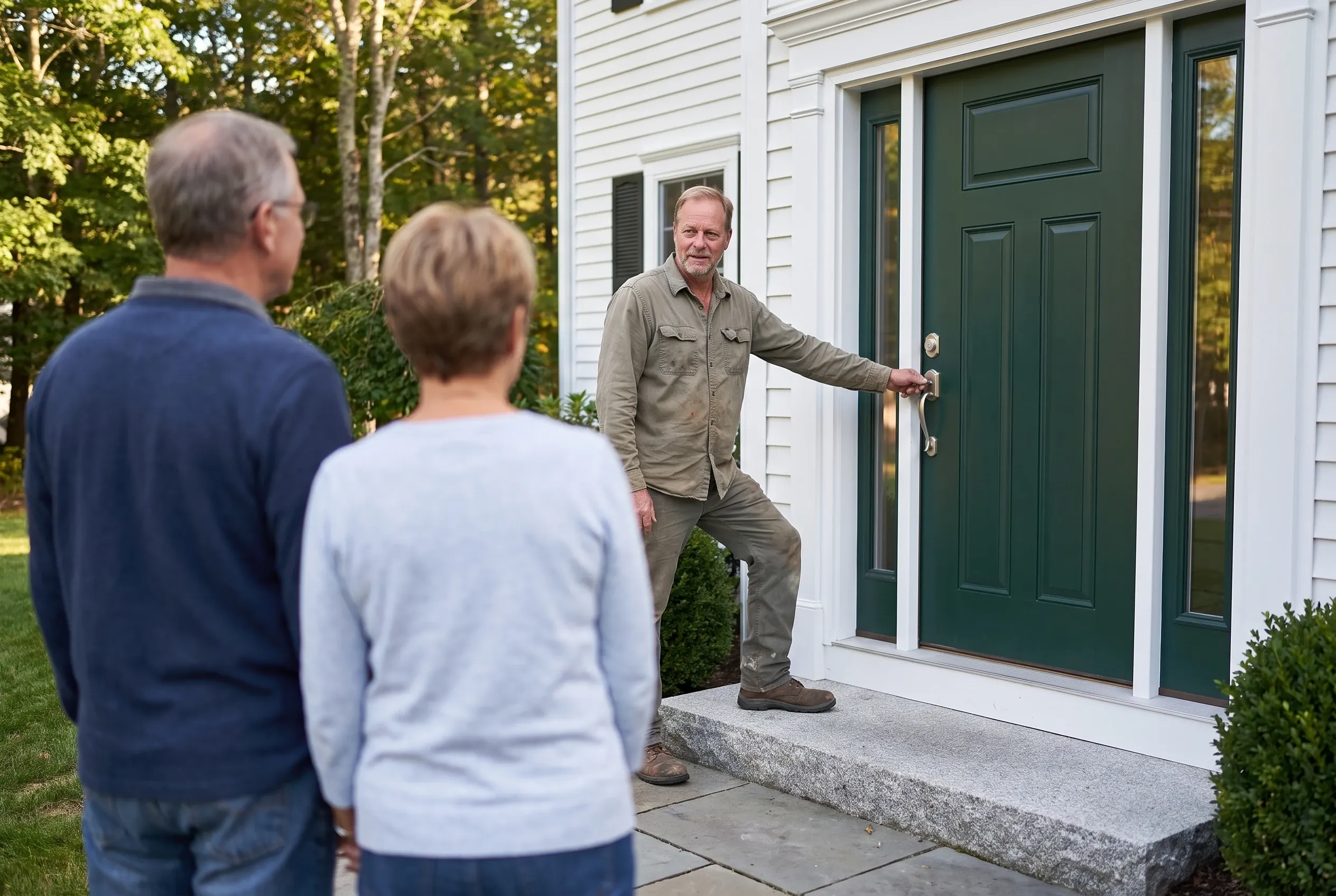 Matt Libby and two homeowners, seen from behind, at a new fiberglass entry door with sidelights, Matt swinging the door shut to show the seal