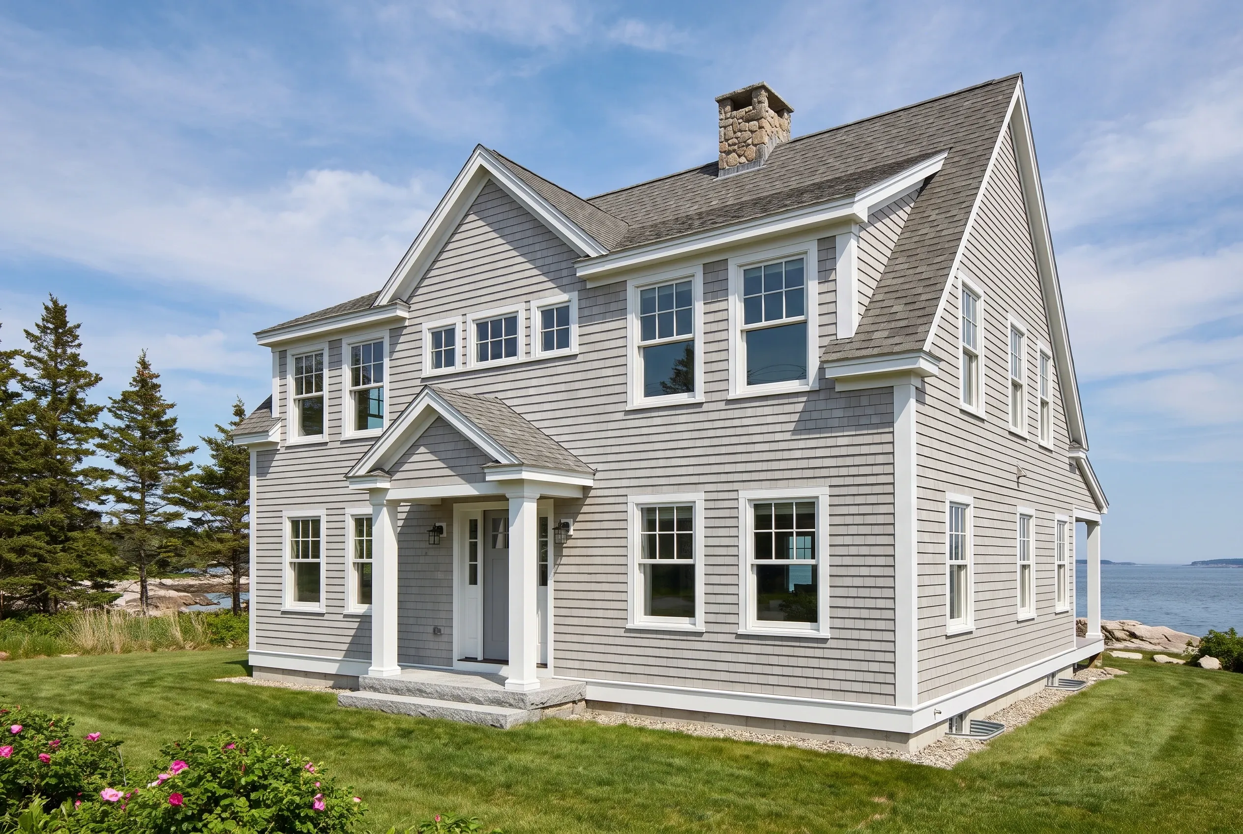Coastal Maine Home: Two-story house with light gray horizontal siding, white trim, and gray shingled roof near water, surrounded by lawn and evergreen trees.