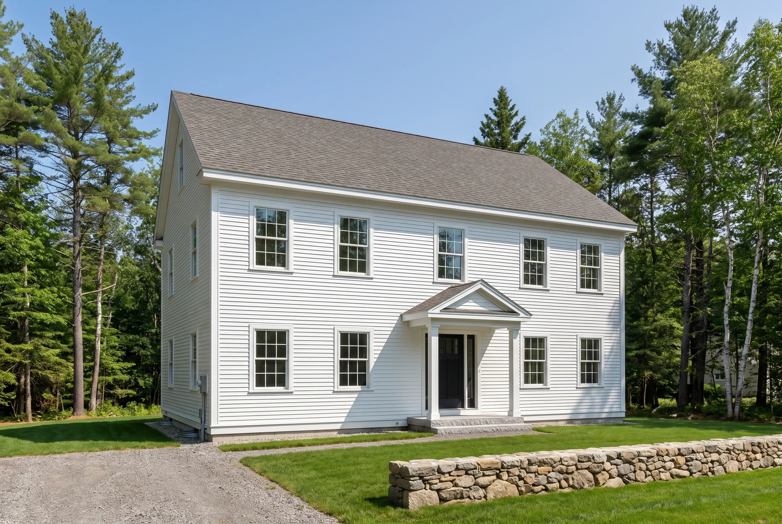 New England Colonial Home: White two-story house with vinyl siding, black shutters, and gray roof surrounded by evergreen trees and stone wall.