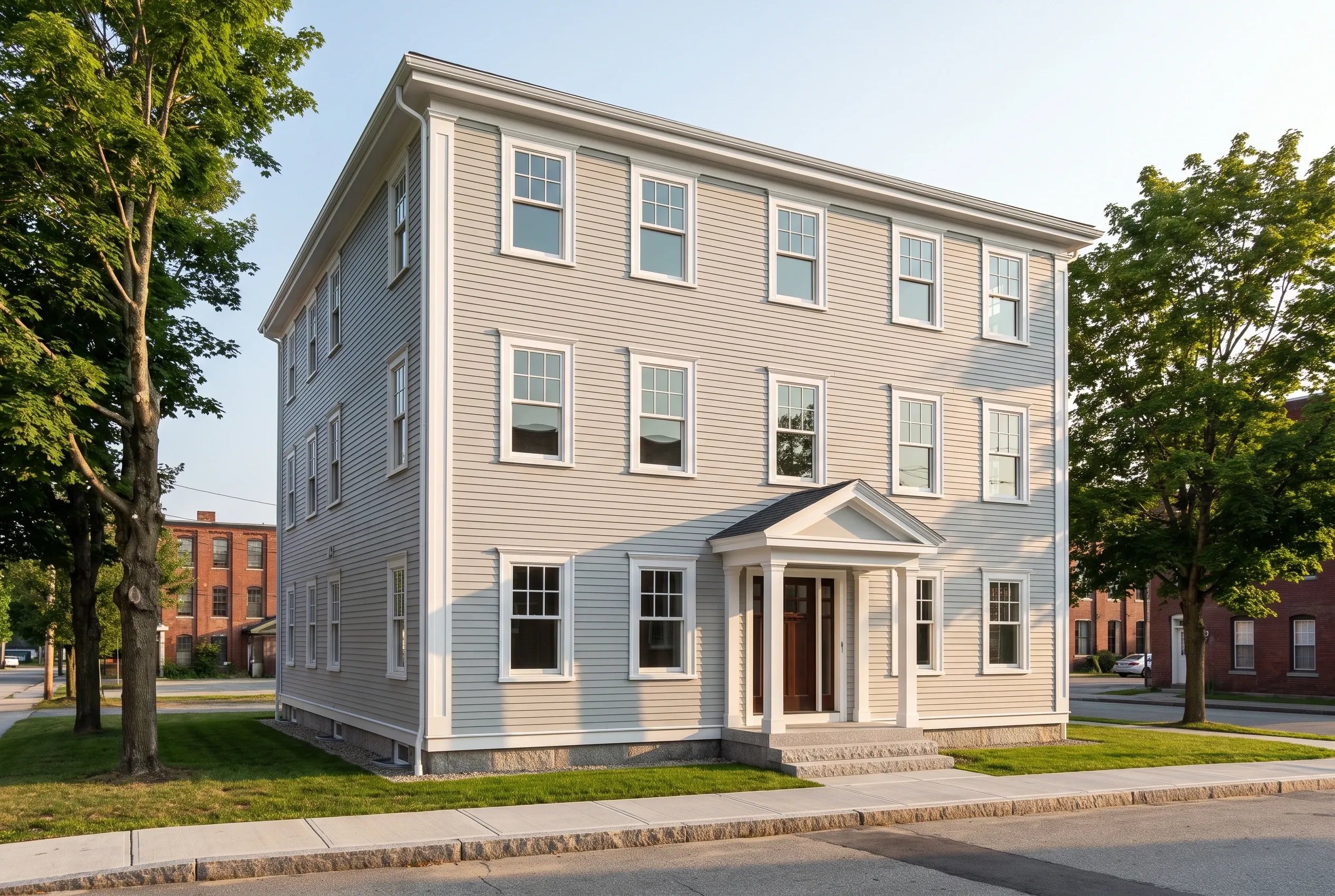 Historic Home Renovation: Three-story white vinyl-sided house with white trim and dark roof in a tree-lined residential Maine street setting.