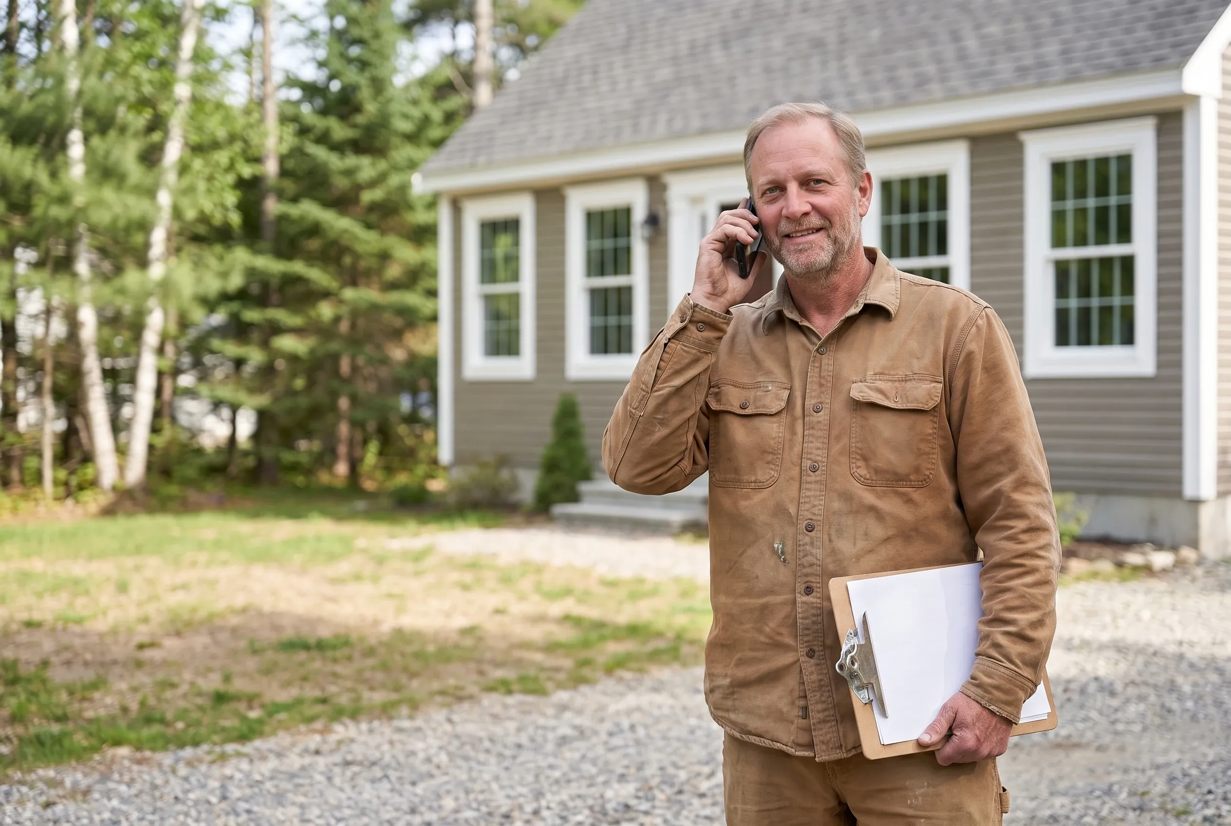 Matt Libby on the phone with a clipboard in hand beside a Saco cape fitted with new white double-hung windows
