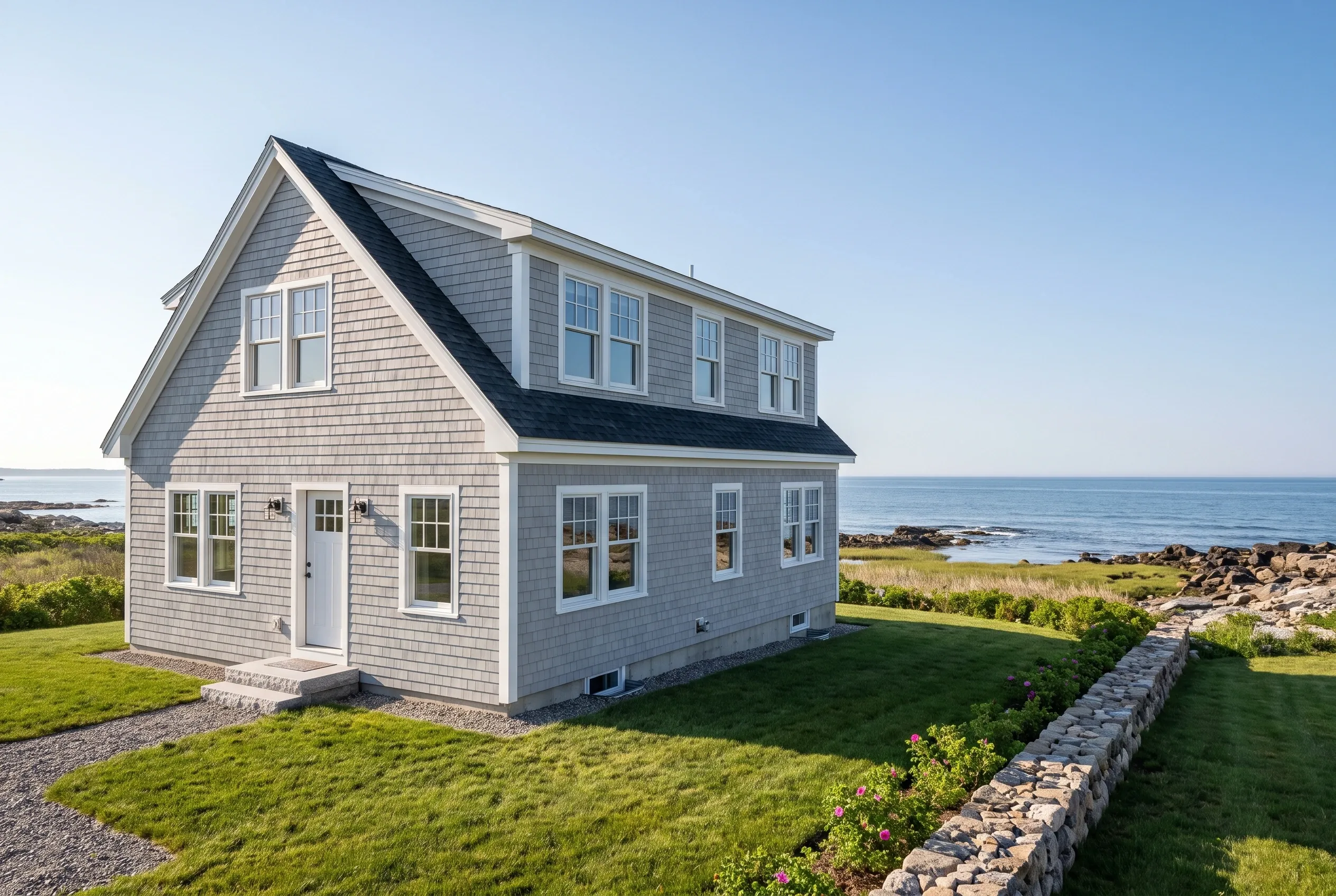 Coastal cottage in Biddeford, Maine: Gray shingle-sided house with white trim and dark roof overlooking the ocean, surrounded by green lawn and stone wall.