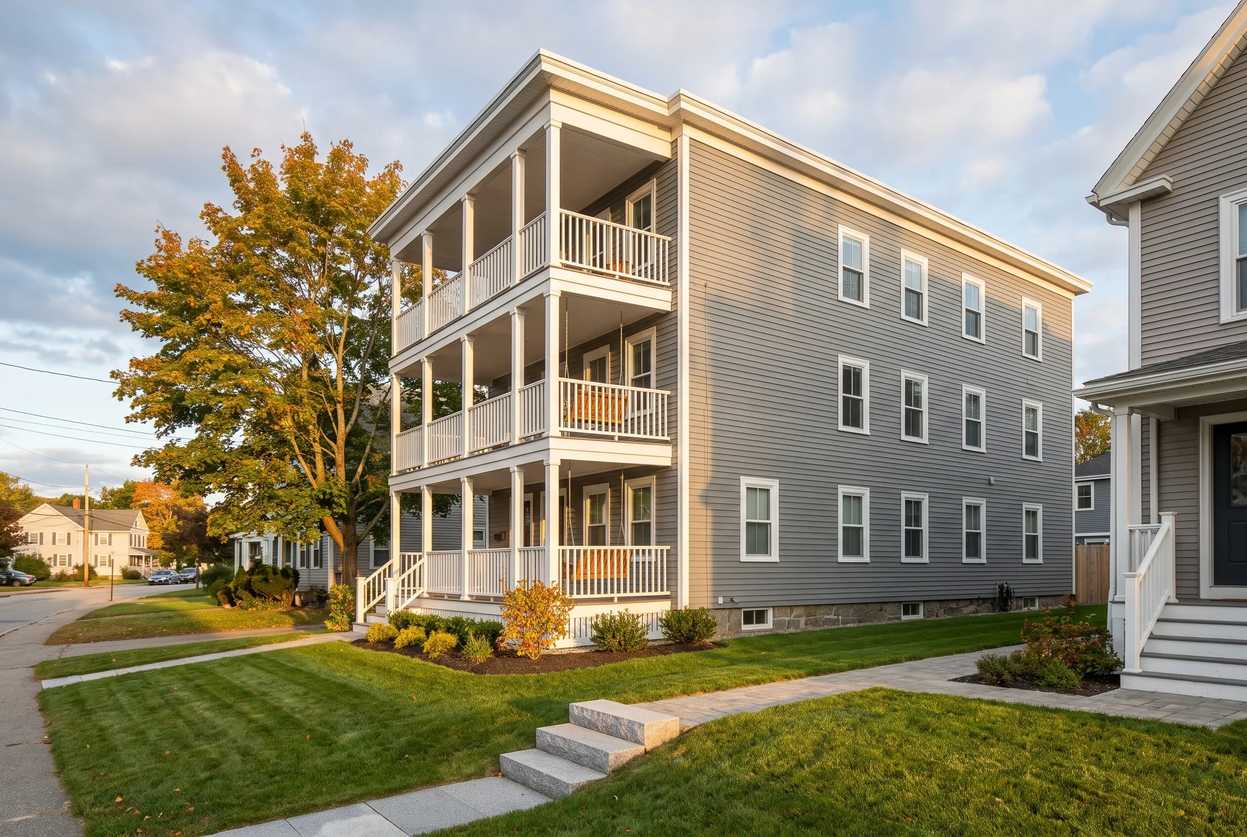 Window replacement in Biddeford, ME: Three-story gray vinyl-sided house with white trim and railings on covered porches, stone foundation, surrounded by green lawn and autumn trees on a residential street.