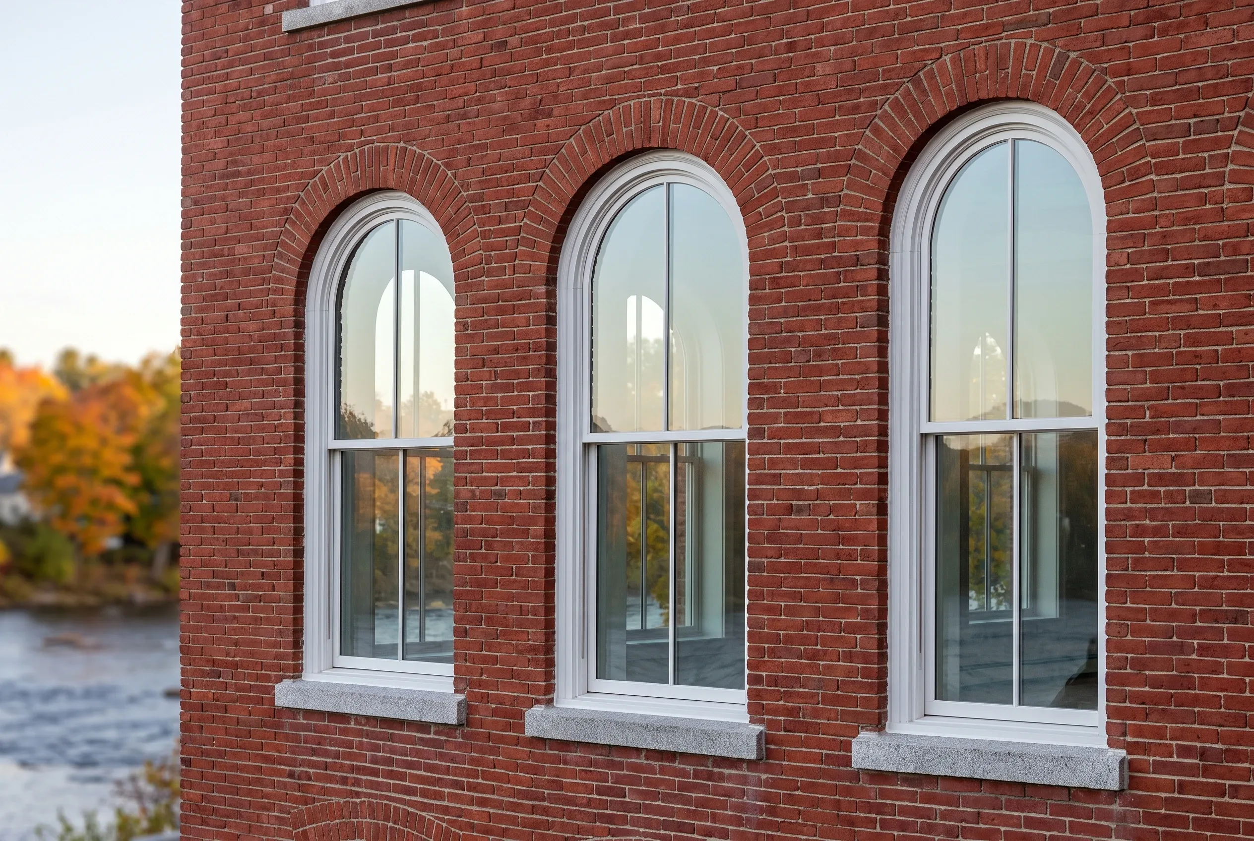 Red brick building with arched windows in Biddeford, ME: Three tall arched windows with white trim and gray sills on red brick facade overlooking water and fall foliage.