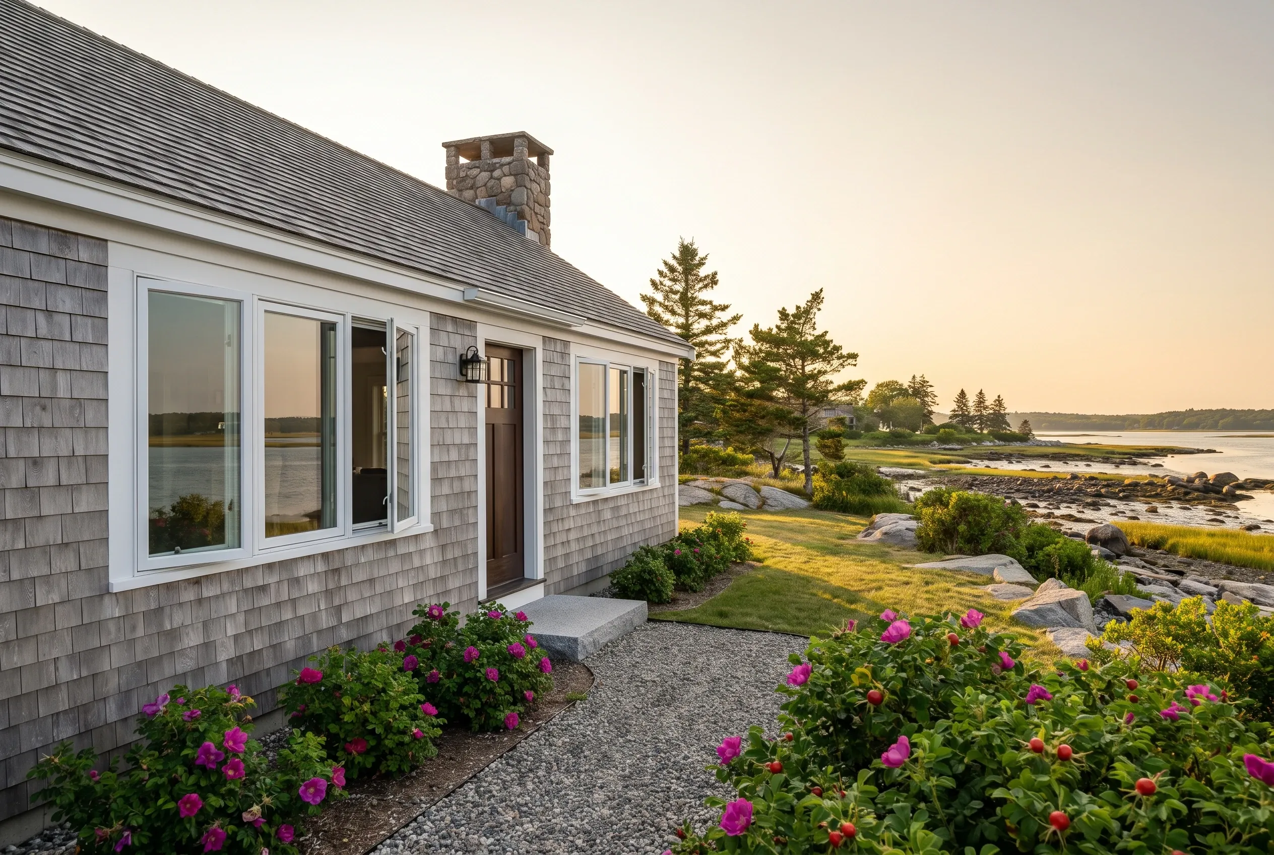 Coastal cottage in Biddeford, Maine: Single-story house with gray cedar shingle siding, white-trimmed windows and door, stone chimney, and pitched roof overlooking rocky shoreline with pine trees and water.