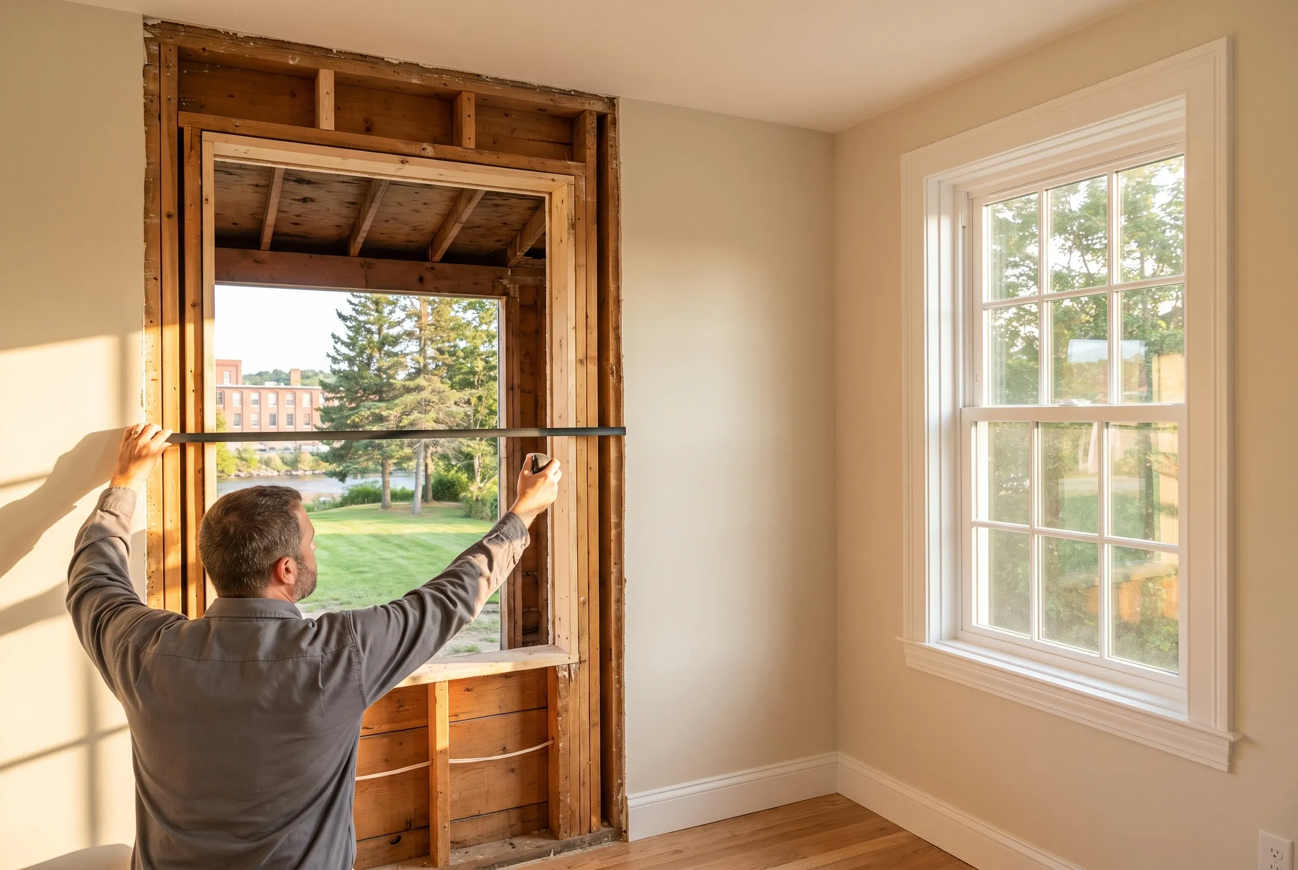 Window installation in Biddeford home: Man installing new white-trimmed window in room with tan walls and wooden door frame, viewing green lawn and trees outside.