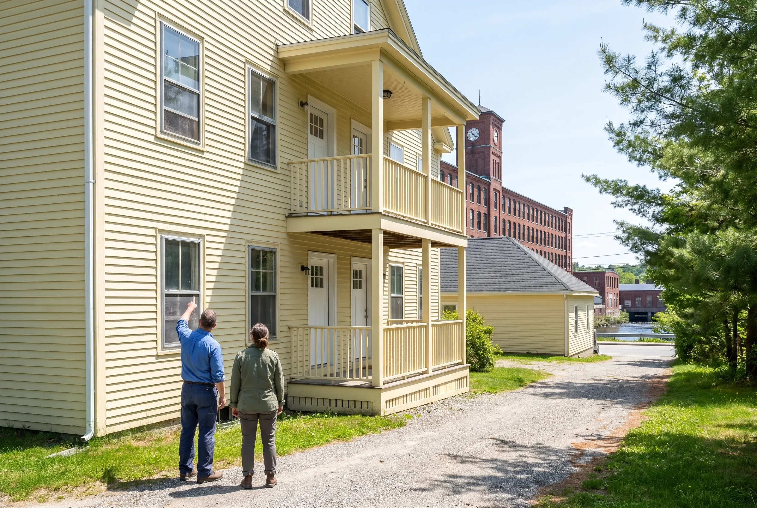 Cream colonial with two-story porch in Biddeford, ME: Two people stand on gravel driveway looking at cream-colored house with white trim and gray roof. Brick mill building visible in background among trees.