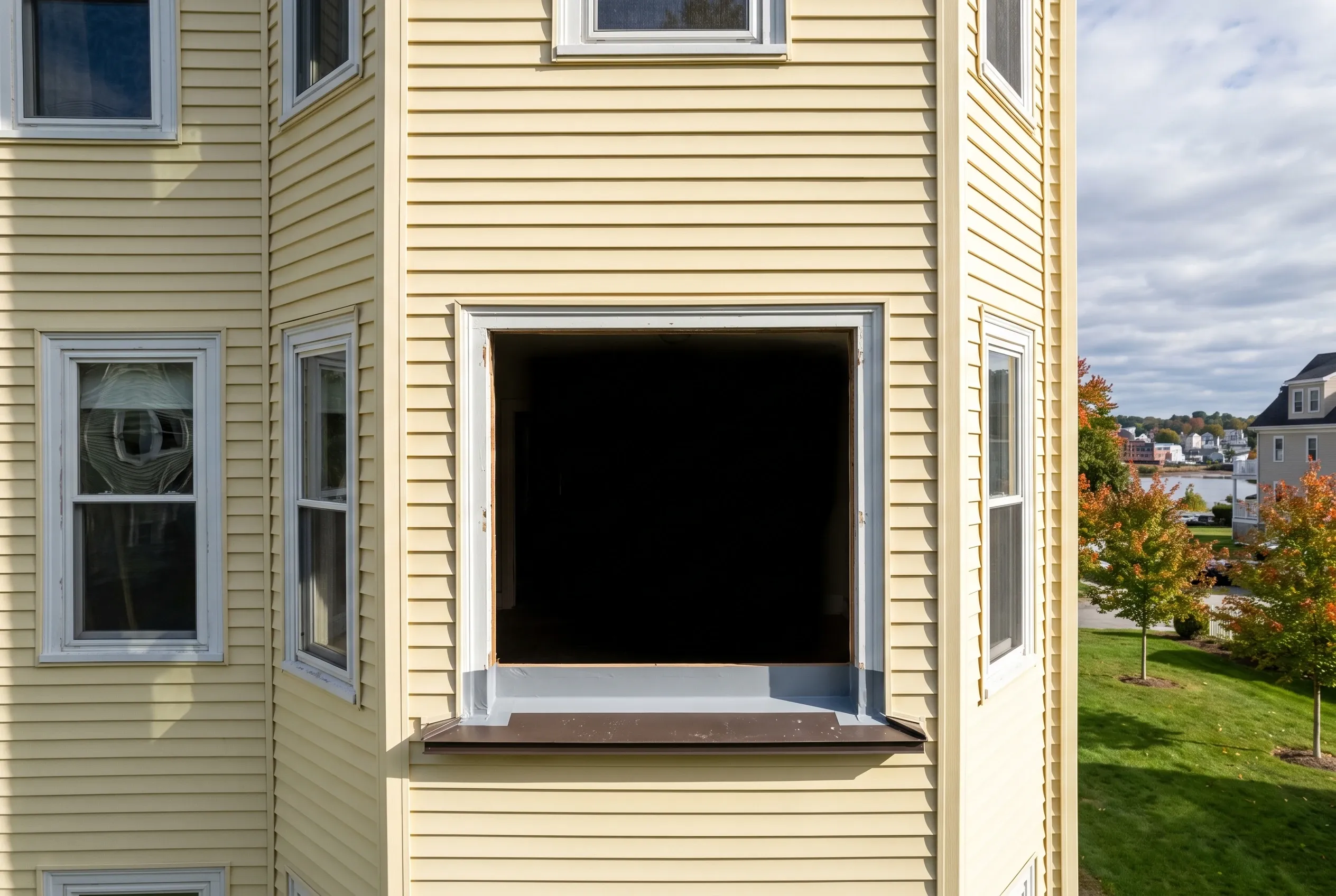 New window installation on cream siding home in Biddeford, Maine: Large open window frame in tan vinyl-sided two-story house with waterfront and autumn foliage visible in background.