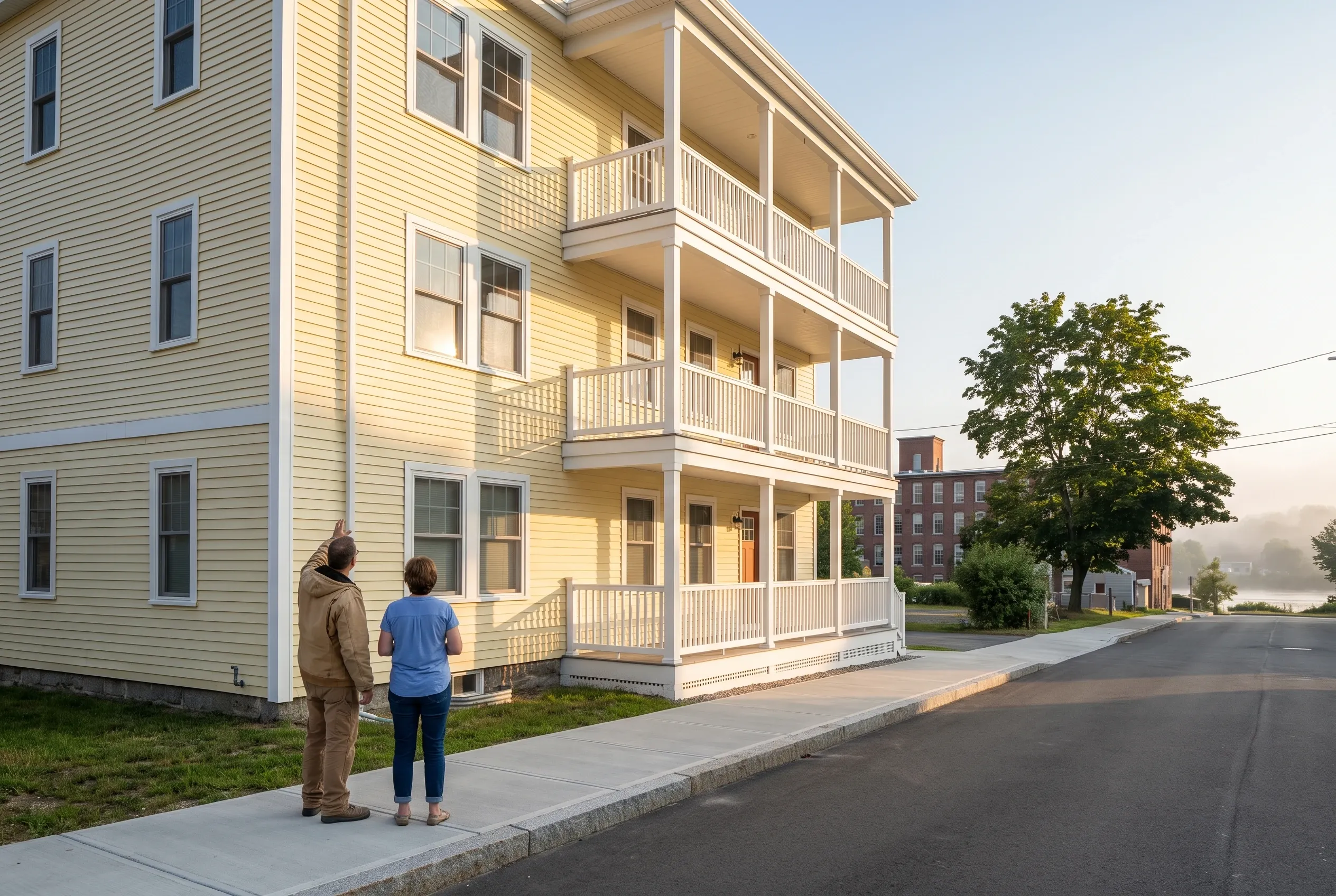 Yellow multi-family building in Biddeford, ME: Three-story yellow-sided residential building with white trim and wraparound porches. Two people stand on the sidewalk viewing the front facade. Historic brick building visible in background.