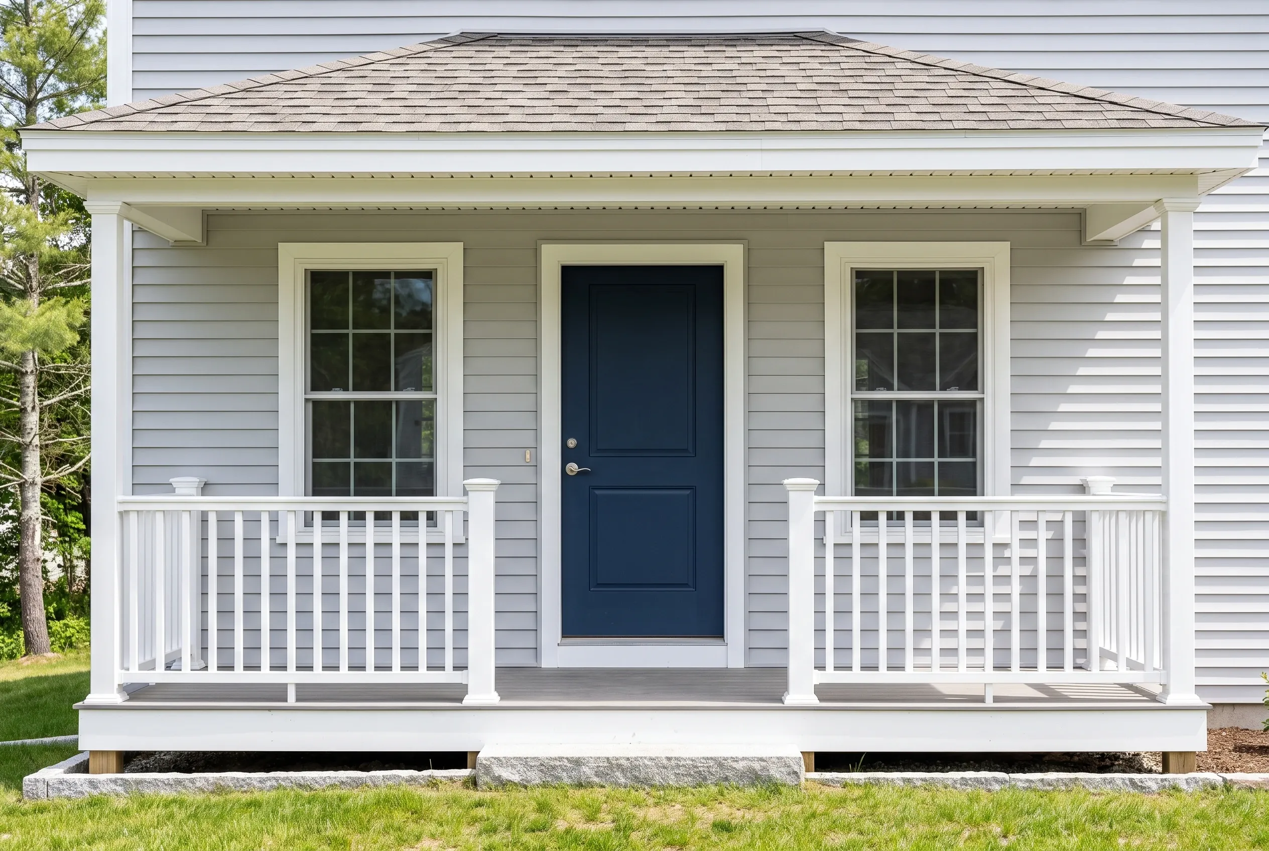 White-trimmed house in Biddeford, ME: Single-story home with light gray horizontal siding, white trim, dark blue front door, two multi-pane windows, white railings, and pitched roof with tan shingles.