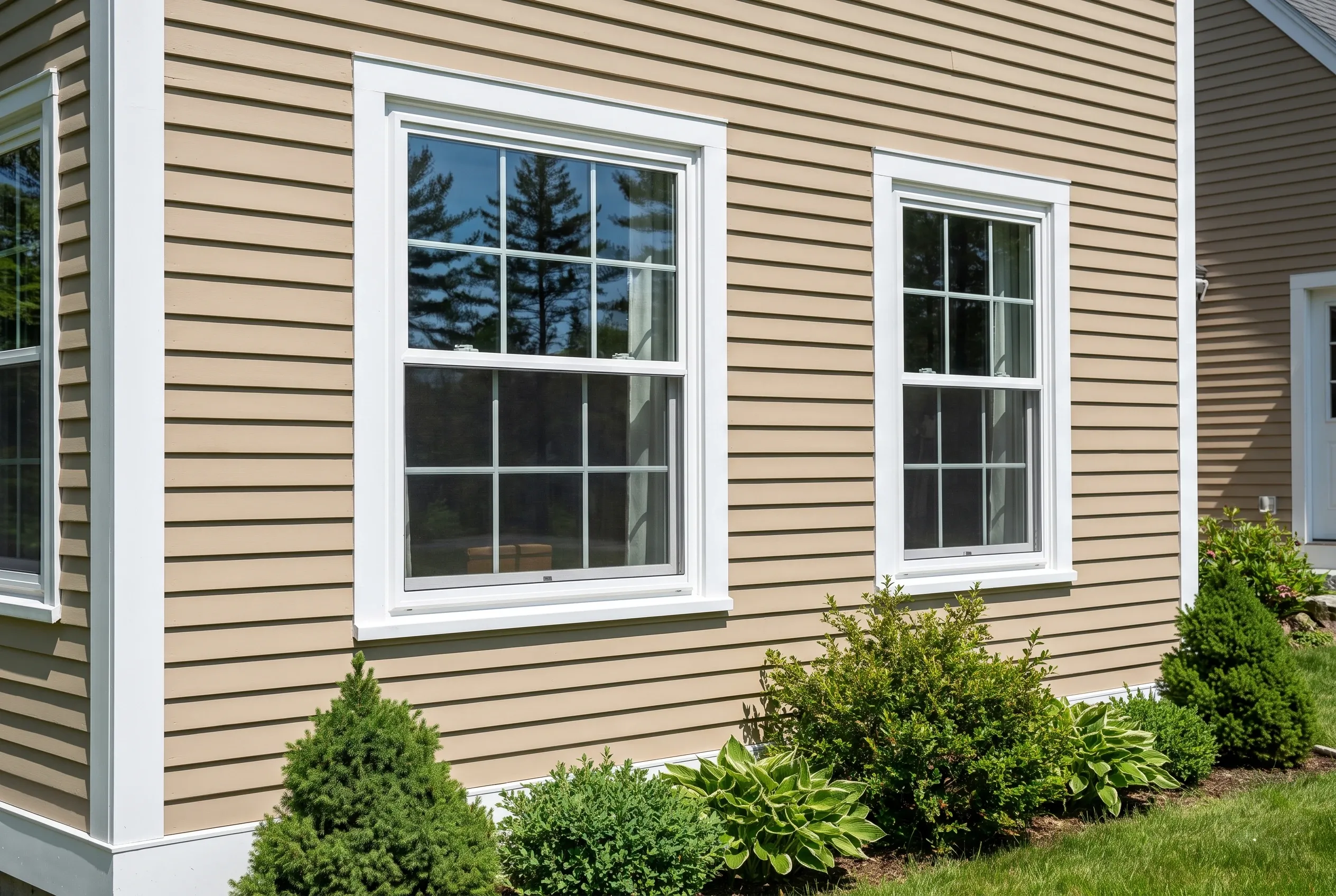 New double-hung windows in Brunswick, Maine: Tan horizontal siding with white trim around two large windows on residential house exterior with evergreen shrubs below.