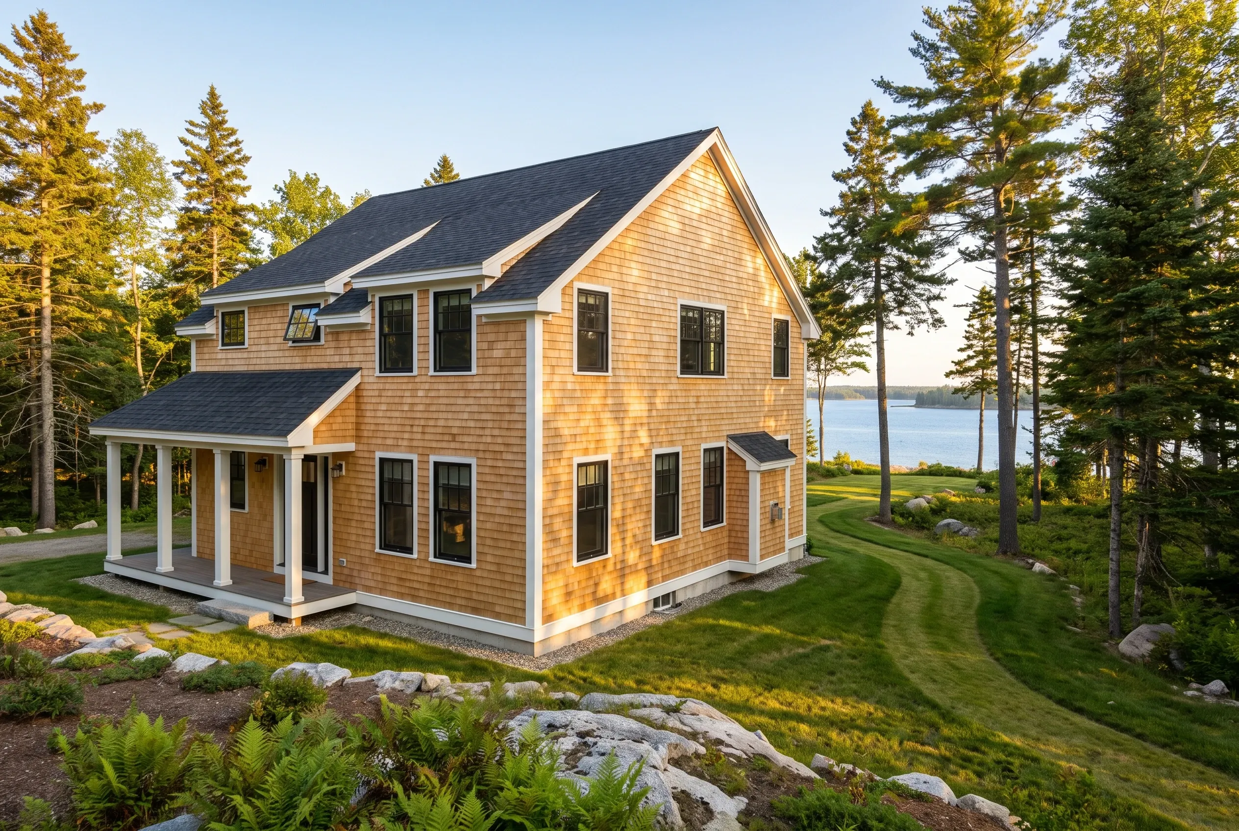 New cedar shake home in Brunswick, Maine: Two-story house with tan cedar shingle siding, white trim, dark roof, and multiple black-trimmed windows overlooking a lake, surrounded by evergreen trees and manicured lawn.