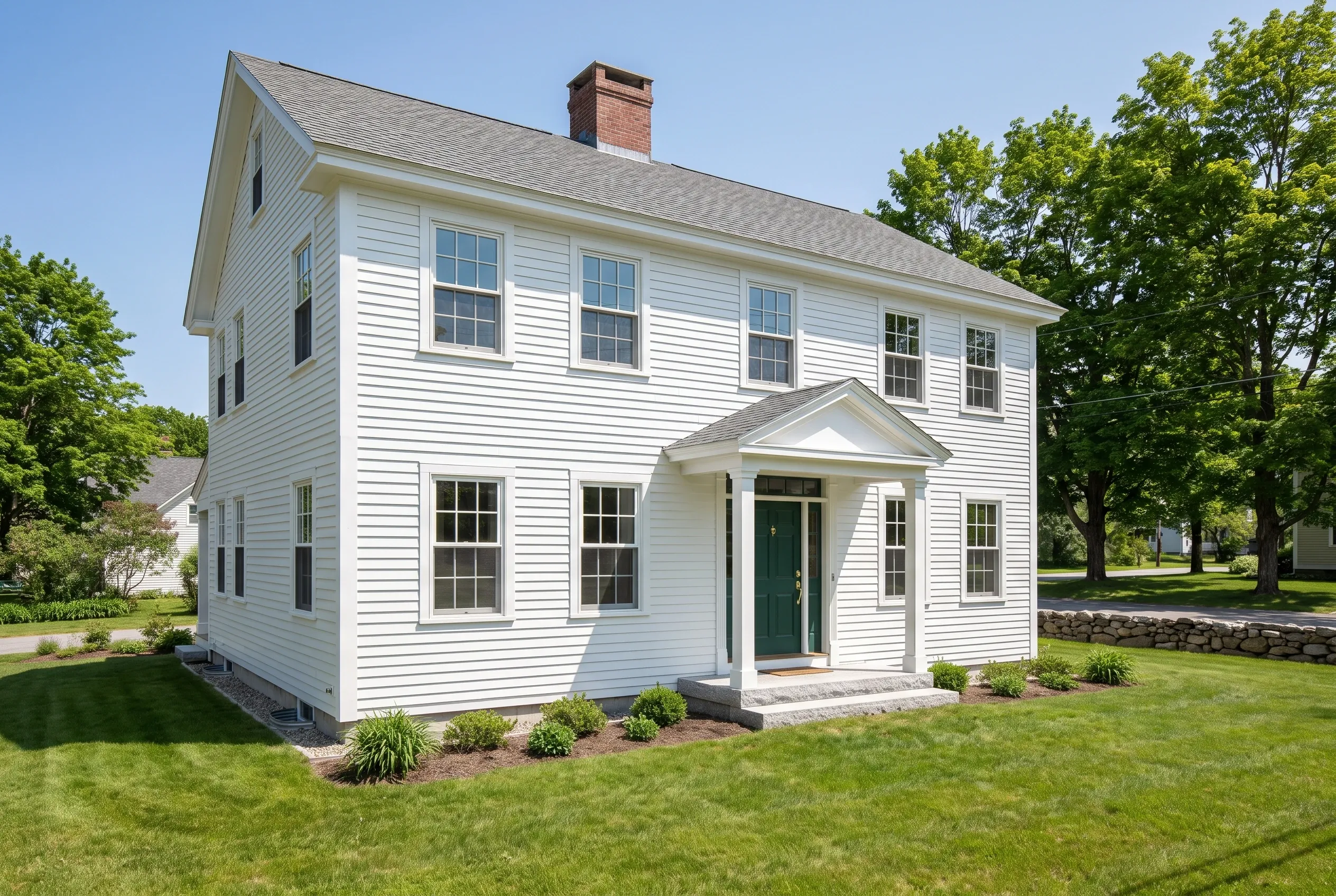 Window replacement in Brunswick, ME: A two-story white colonial house with dark green door, multiple double-hung windows, brick chimney, gray roof, and manicured lawn surrounded by trees.