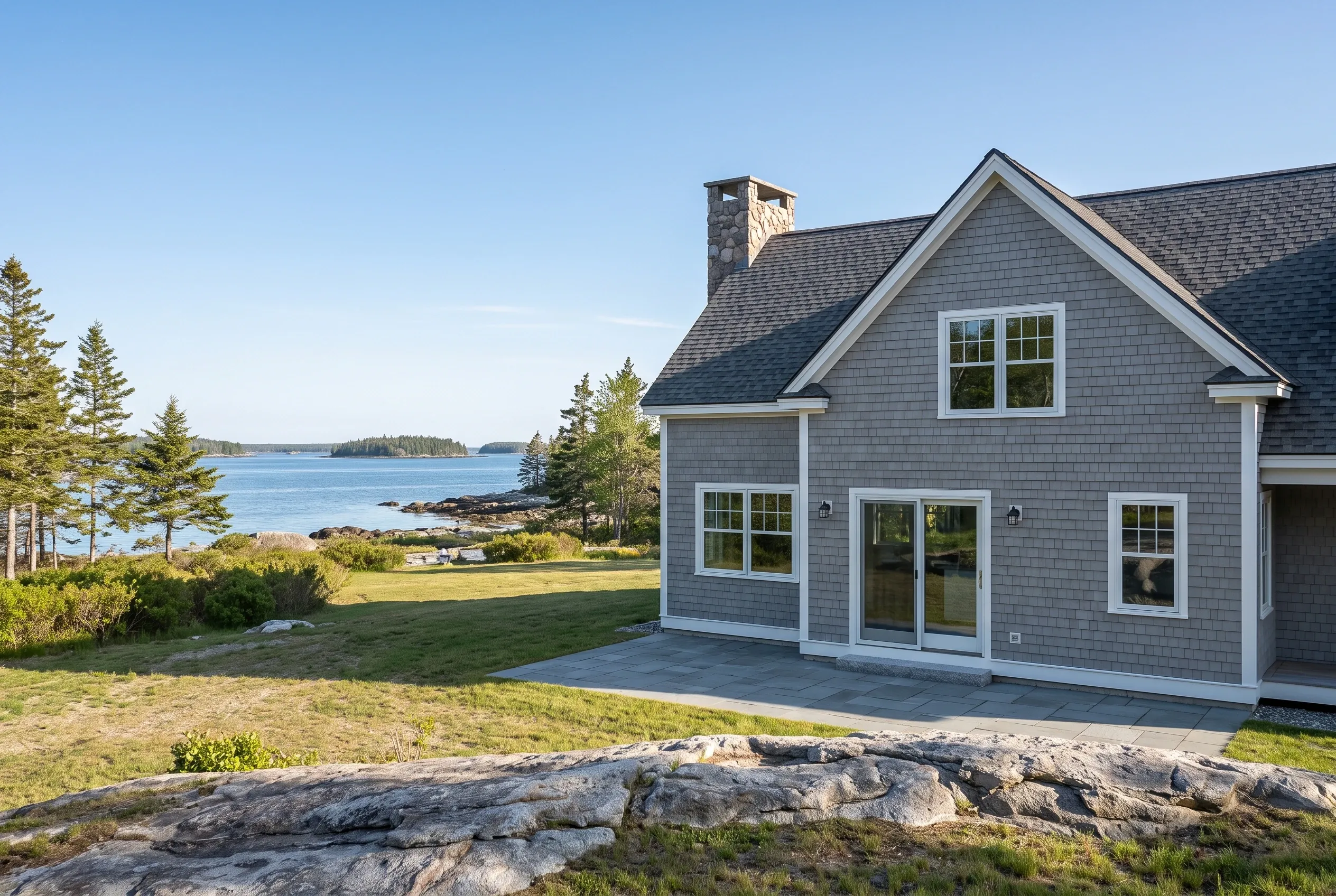 Gray shingle coastal home in Brunswick, Maine: Two-story house with gray shingle siding, white trim, and dark roof overlooking a bay with evergreen trees and rocky shore.