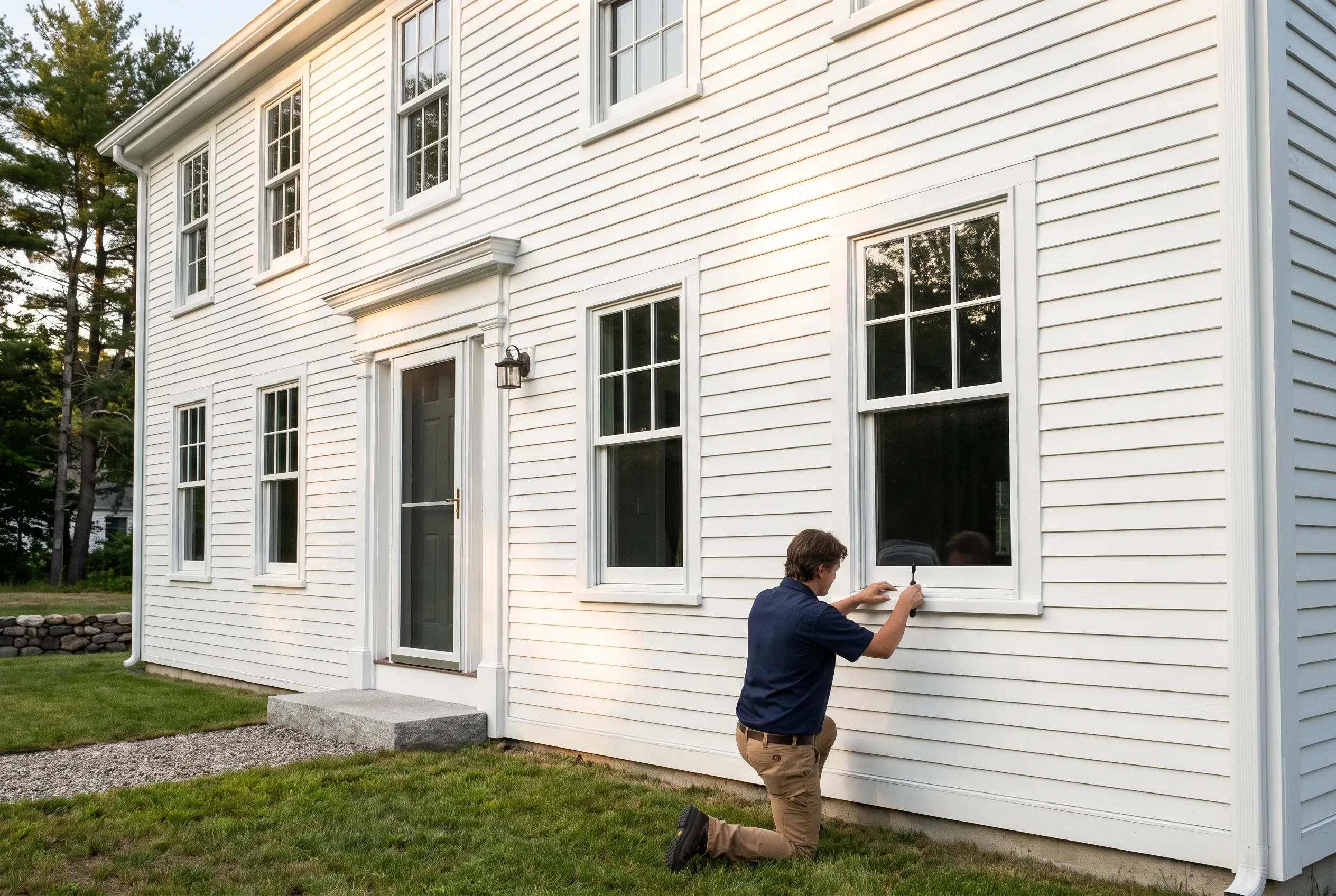 White Colonial in Brunswick, ME: Person kneeling on grass installing white trim around large window on white horizontal-sided house with dark door and multiple windows.