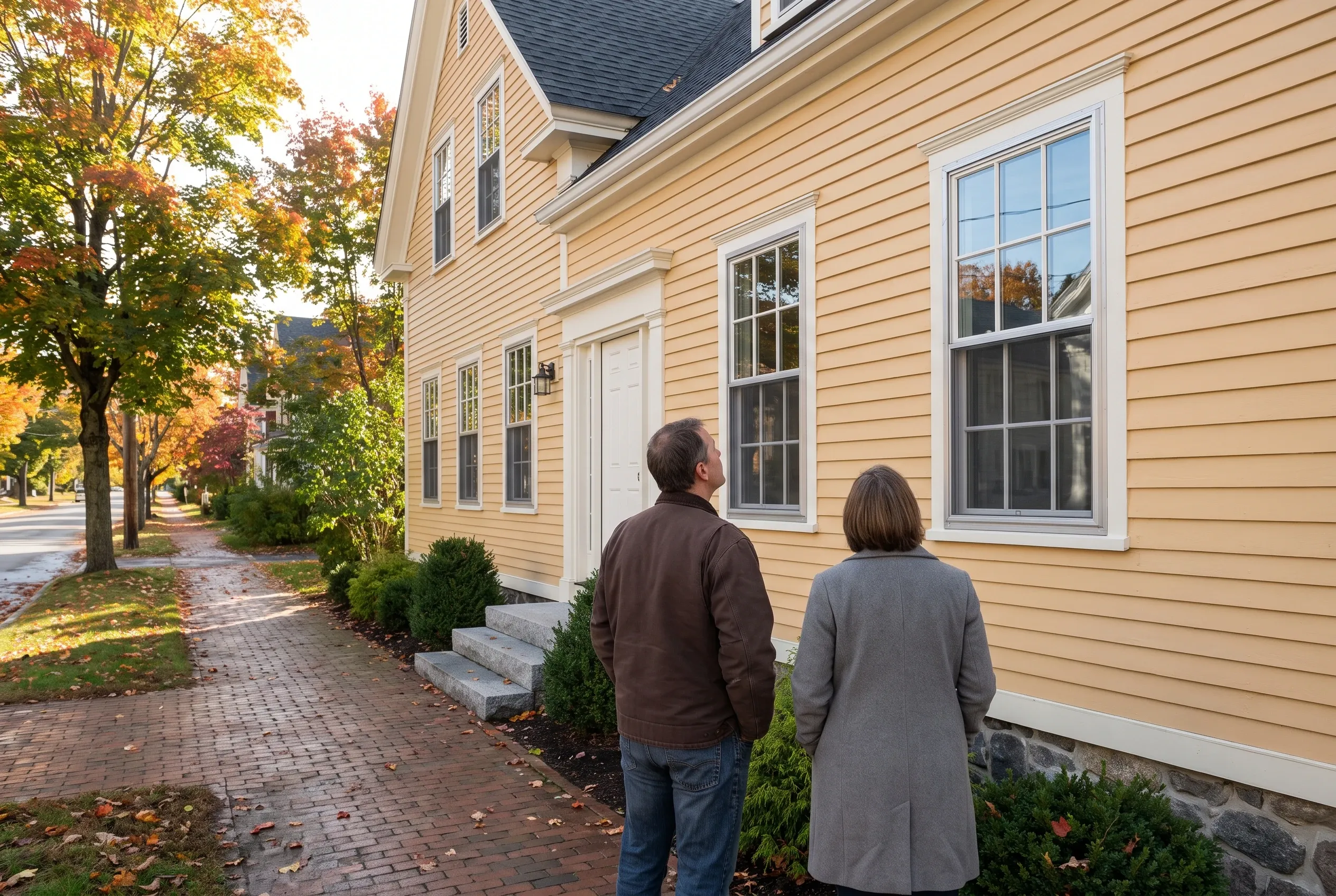 Couple viewing new windows on tan colonial: A man and woman stand facing a tan vinyl-sided colonial home with white-trimmed windows and dark roof in Brunswick, Maine during fall.
