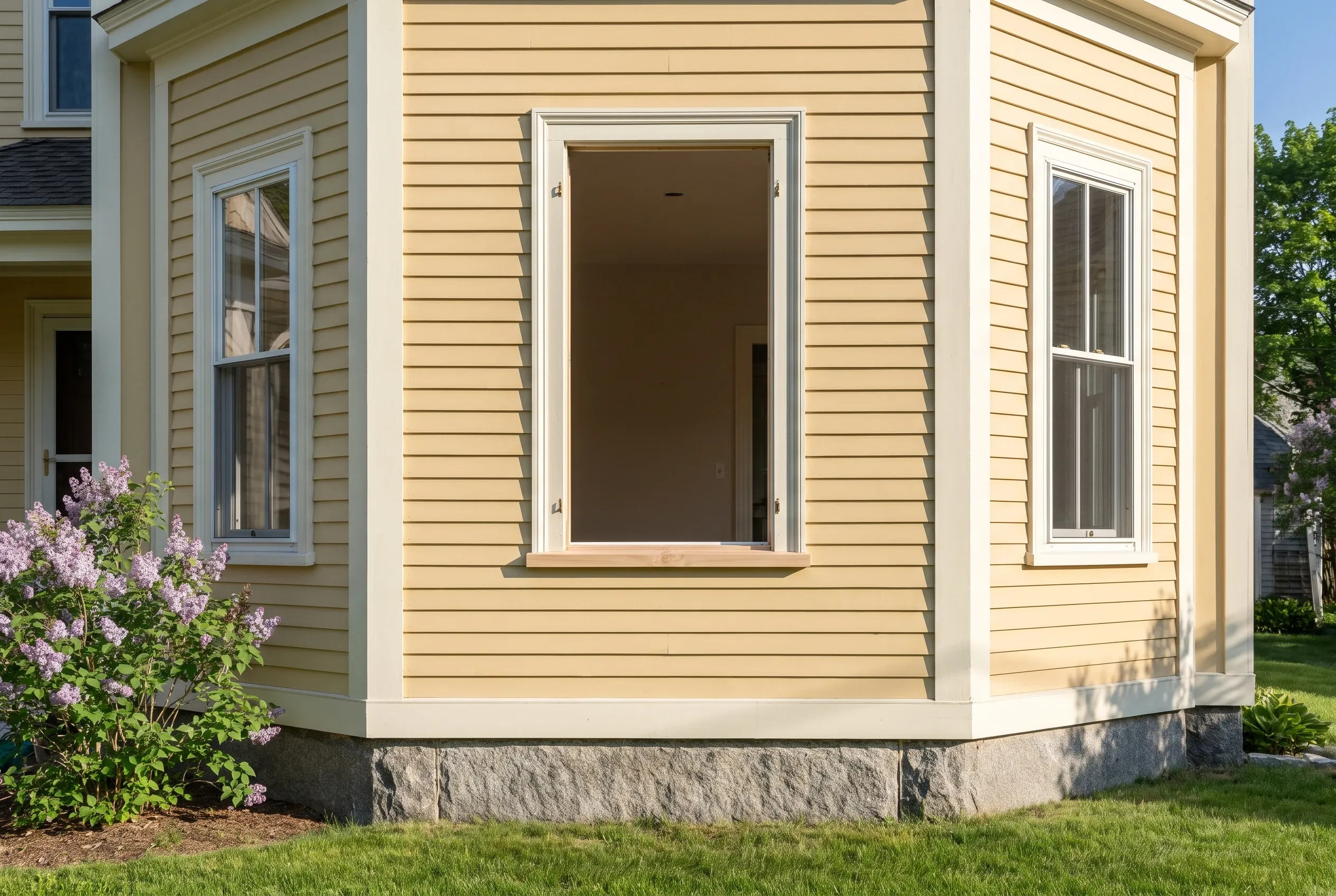Tan siding home in Brunswick, Maine: Single-story house with tan horizontal siding, white trim, and replacement windows on a sunny day with purple lilac bush and green lawn.