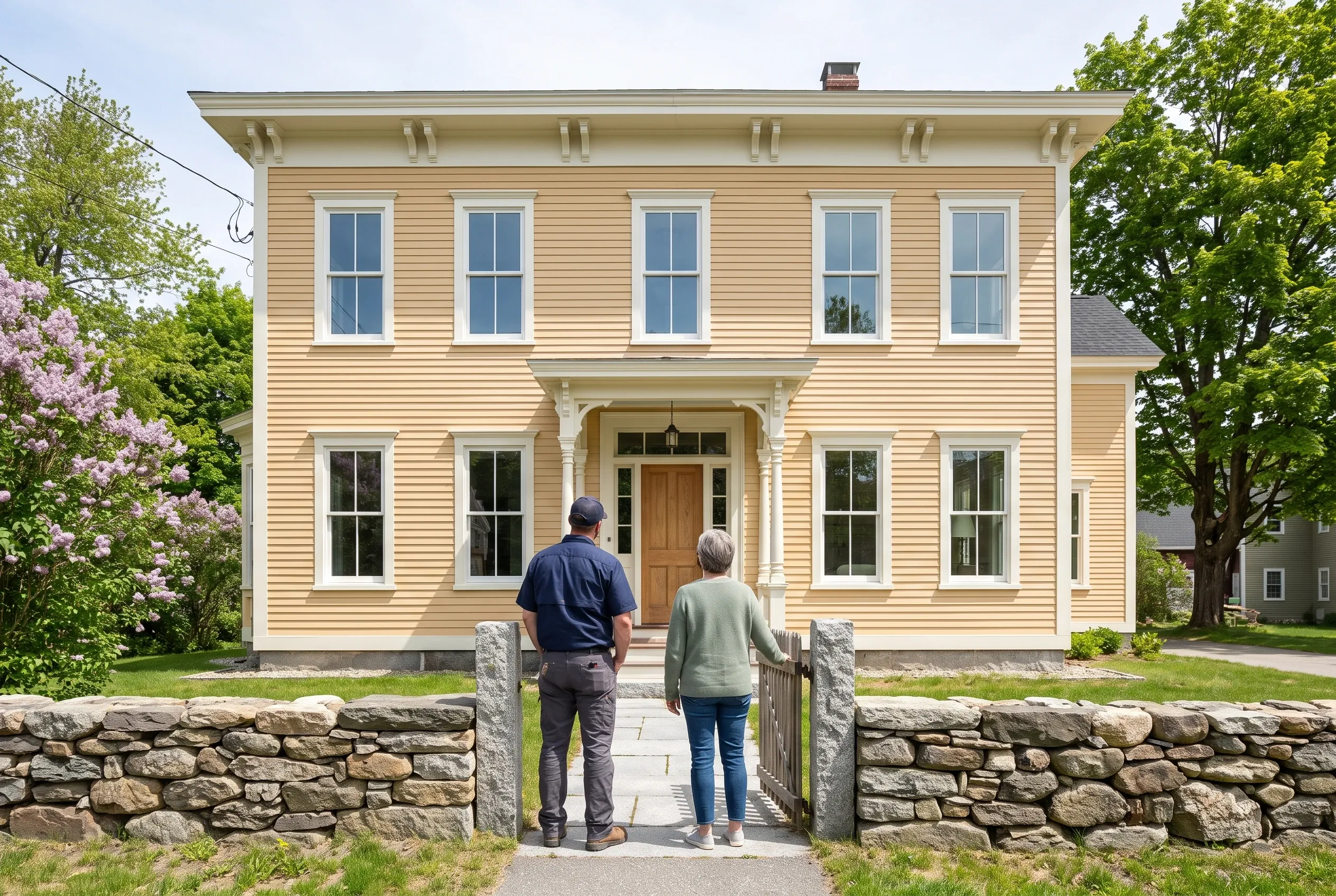 Colonial home in Brunswick, Maine: Two-story cream and tan house with white trim and five upper windows, viewed from front gate where two people stand on stone walkway.