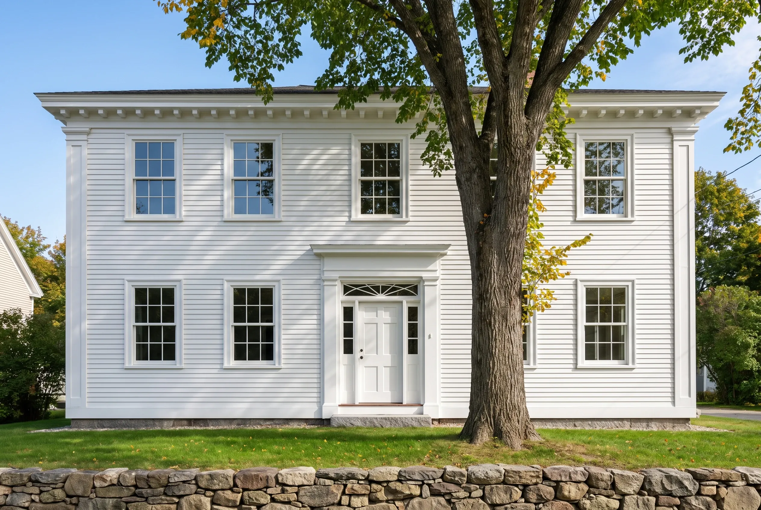 White colonial house in Brunswick, ME: Two-story white vinyl-sided home with black-trimmed windows, white door and trim, dark roof, large tree in front, stone foundation wall, green lawn.