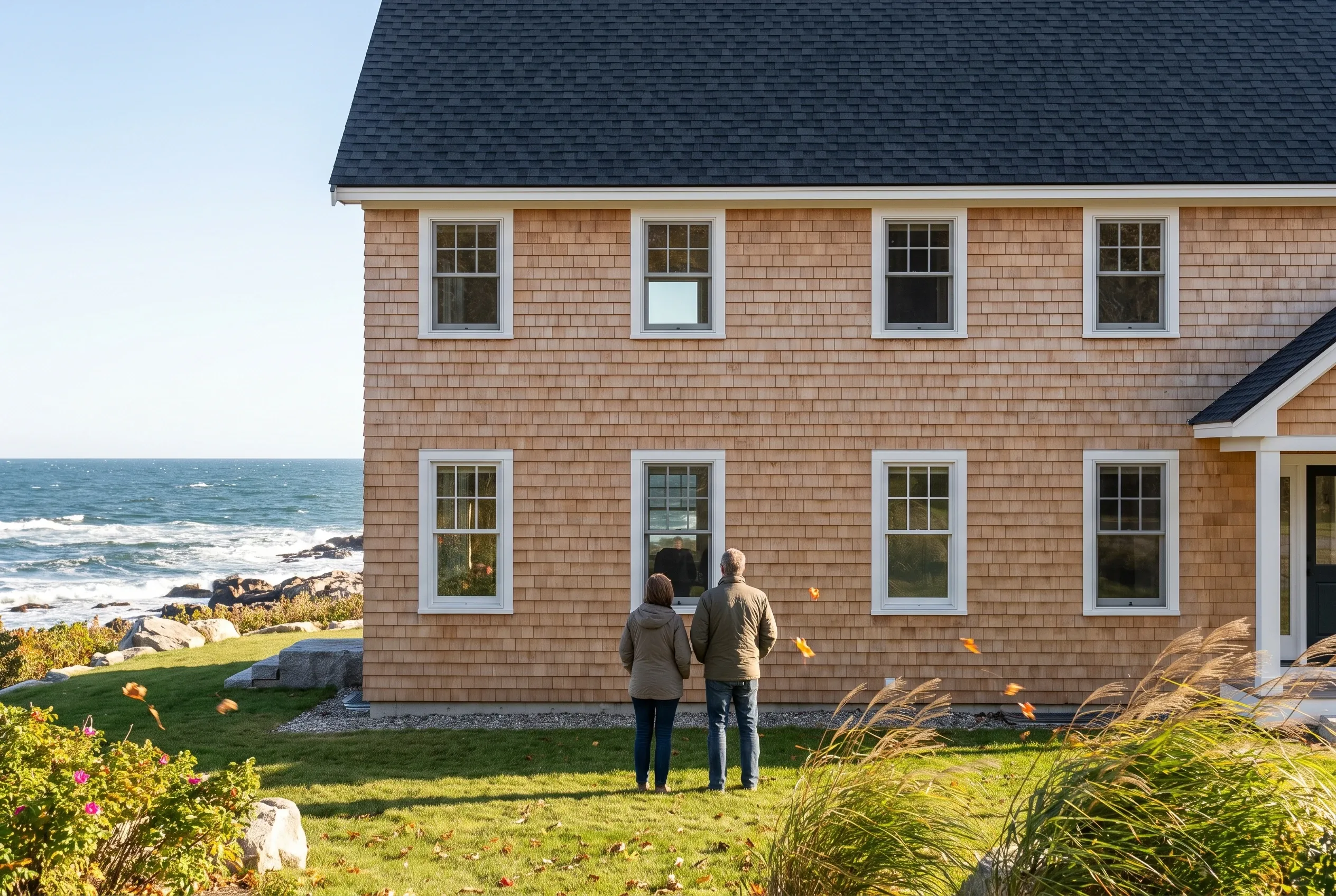 Coastal home in Cape Elizabeth, Maine: Two-story house with cedar shake siding, white-trimmed windows, dark roof, ocean view, couple standing on lawn.