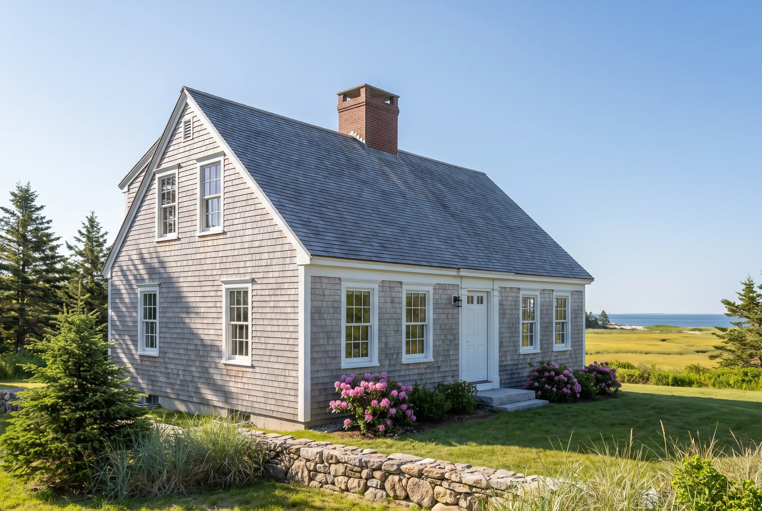 Cape Elizabeth cottage with new windows: Single-story shingled cottage with gray-blue roof, white trim, and multiple replacement windows overlooking coastal Maine landscape with evergreens and stone wall.