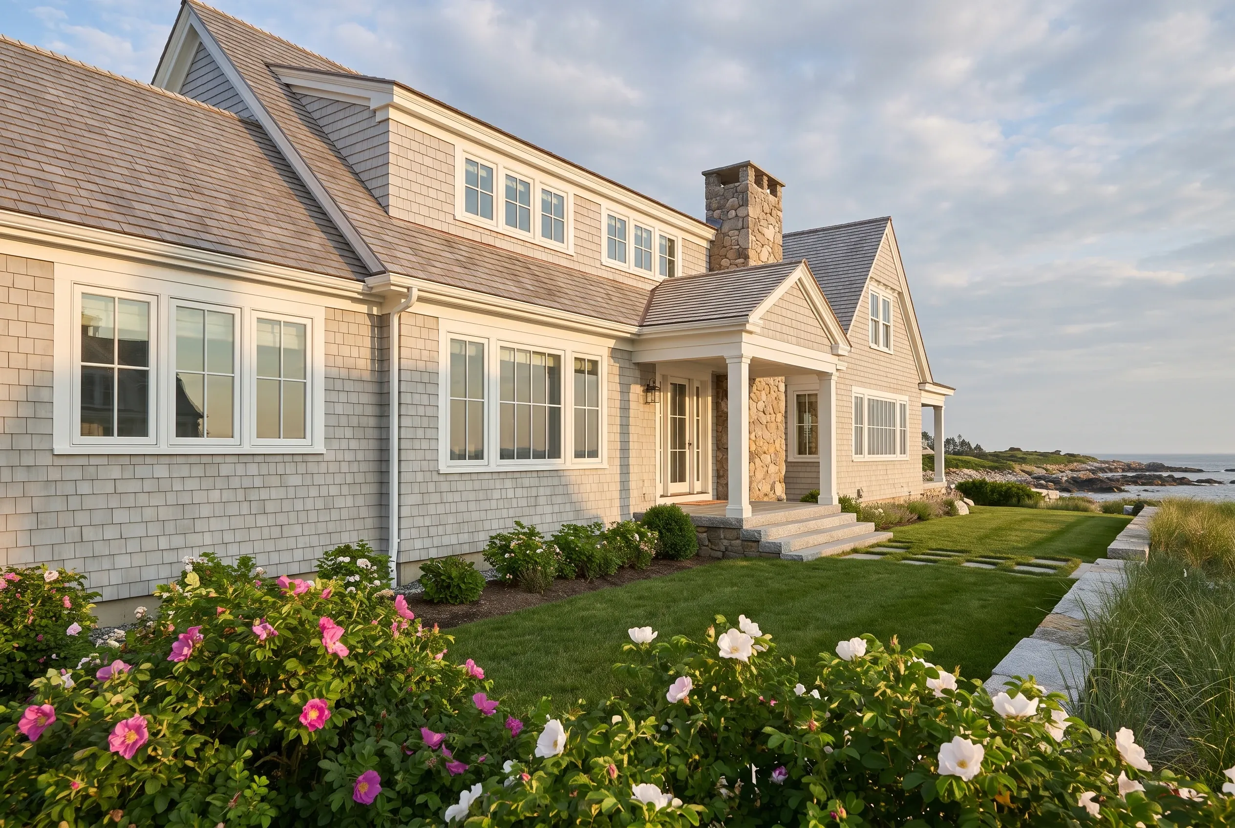 Window replacement in Cape Elizabeth, ME: A two-story coastal home with light blue-gray cedar shake siding, white trim, and dark gray roof features multiple large windows overlooking a lawn with flowering shrubs and ocean views.