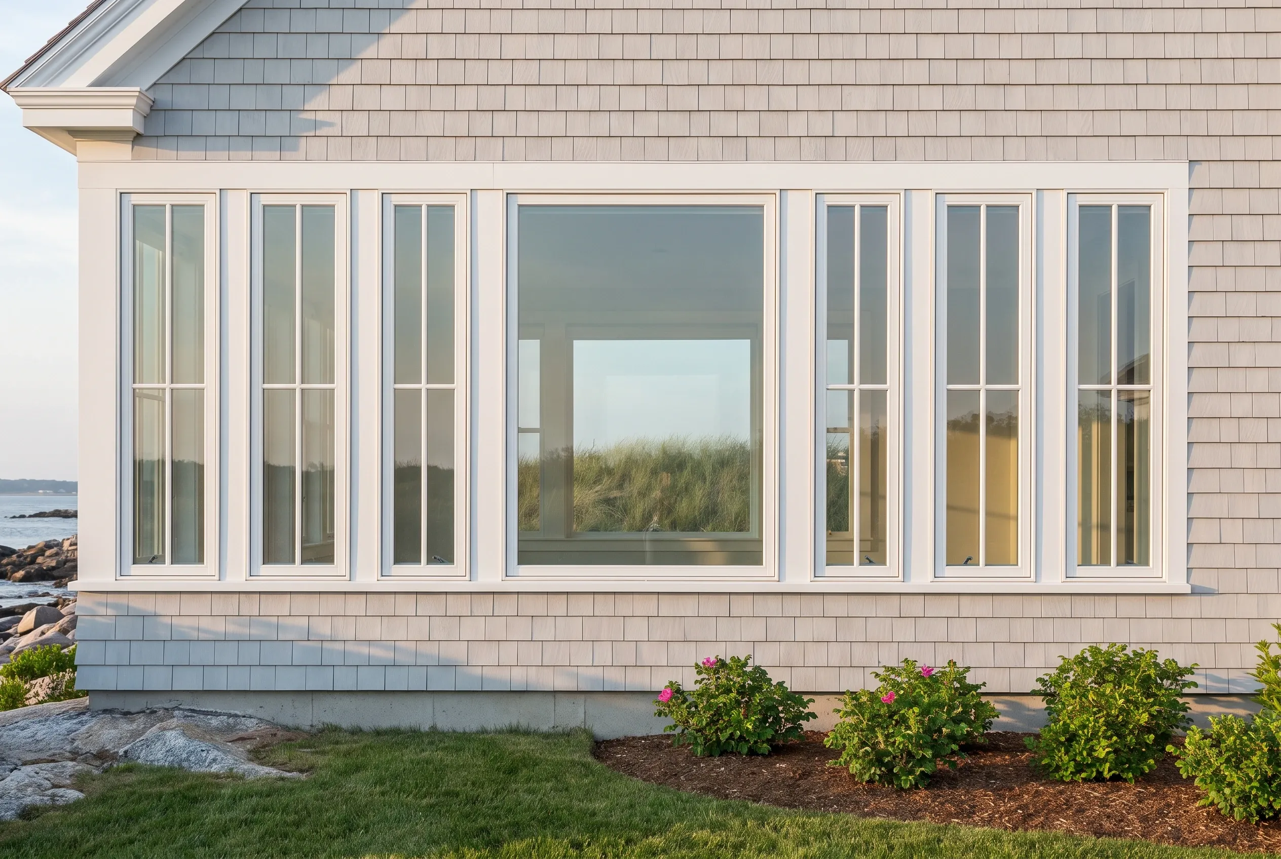 Coastal home with new windows in Cape Elizabeth, ME: Single-story house with tan shingle siding, white trim, and shingled roof featuring seven large windows overlooking grassy yard and ocean view.