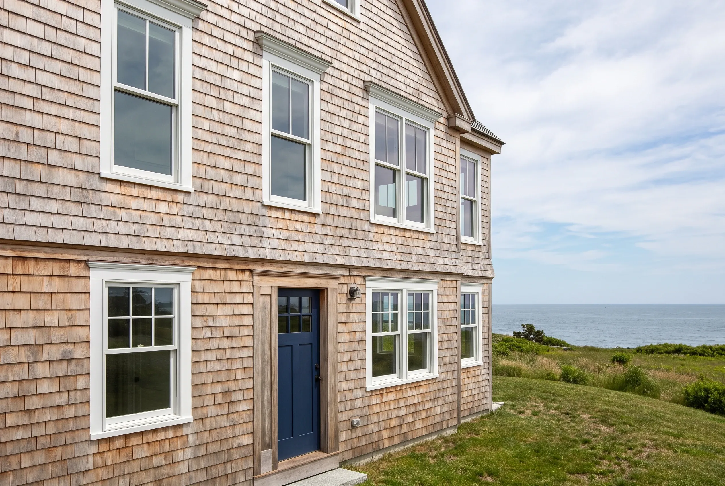 Shingle-sided home in Cape Elizabeth, ME: Two-story house with tan cedar shingle siding, white-trimmed windows, navy blue door, and peaked roof overlooking grassy coastal landscape and ocean.