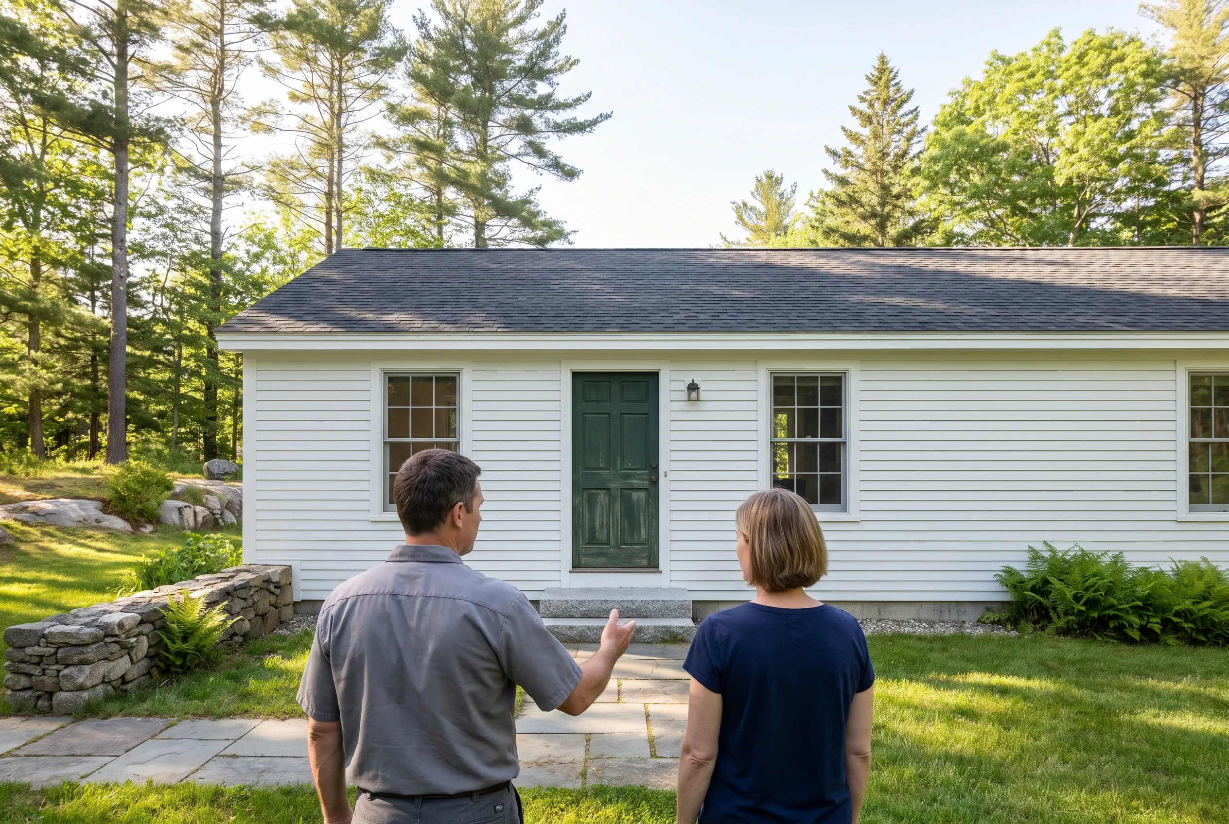 White ranch home in Cape Elizabeth, Maine: Man and woman standing in yard facing single-story white-sided house with green door, multiple windows, dark roof, stone wall, and tall pine trees.