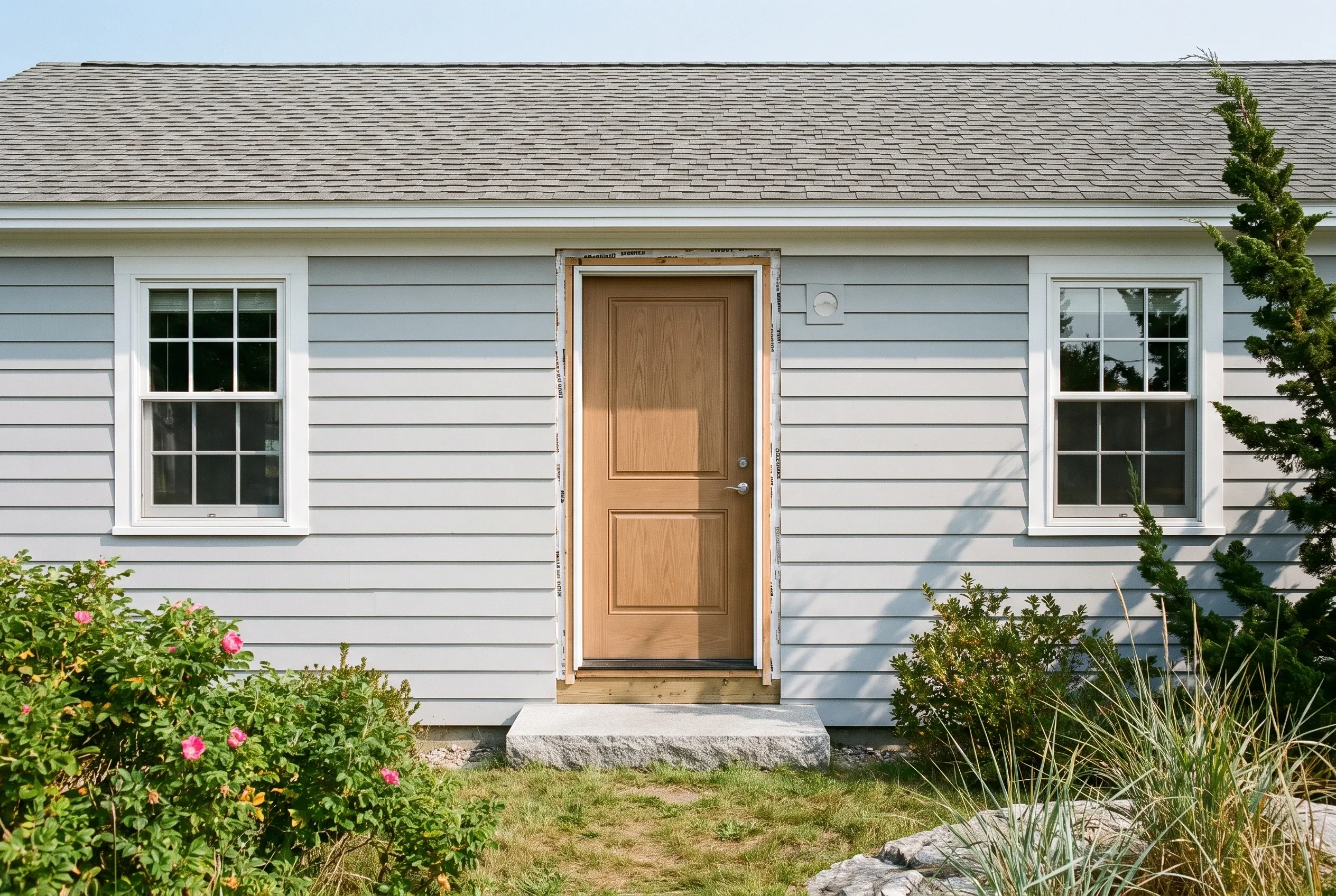 Cape Elizabeth cottage with new siding: Single-story house with light gray horizontal vinyl siding, white-trimmed windows, brown wooden door, and gray asphalt shingle roof. Landscaped front yard with flowering shrubs and evergreens.