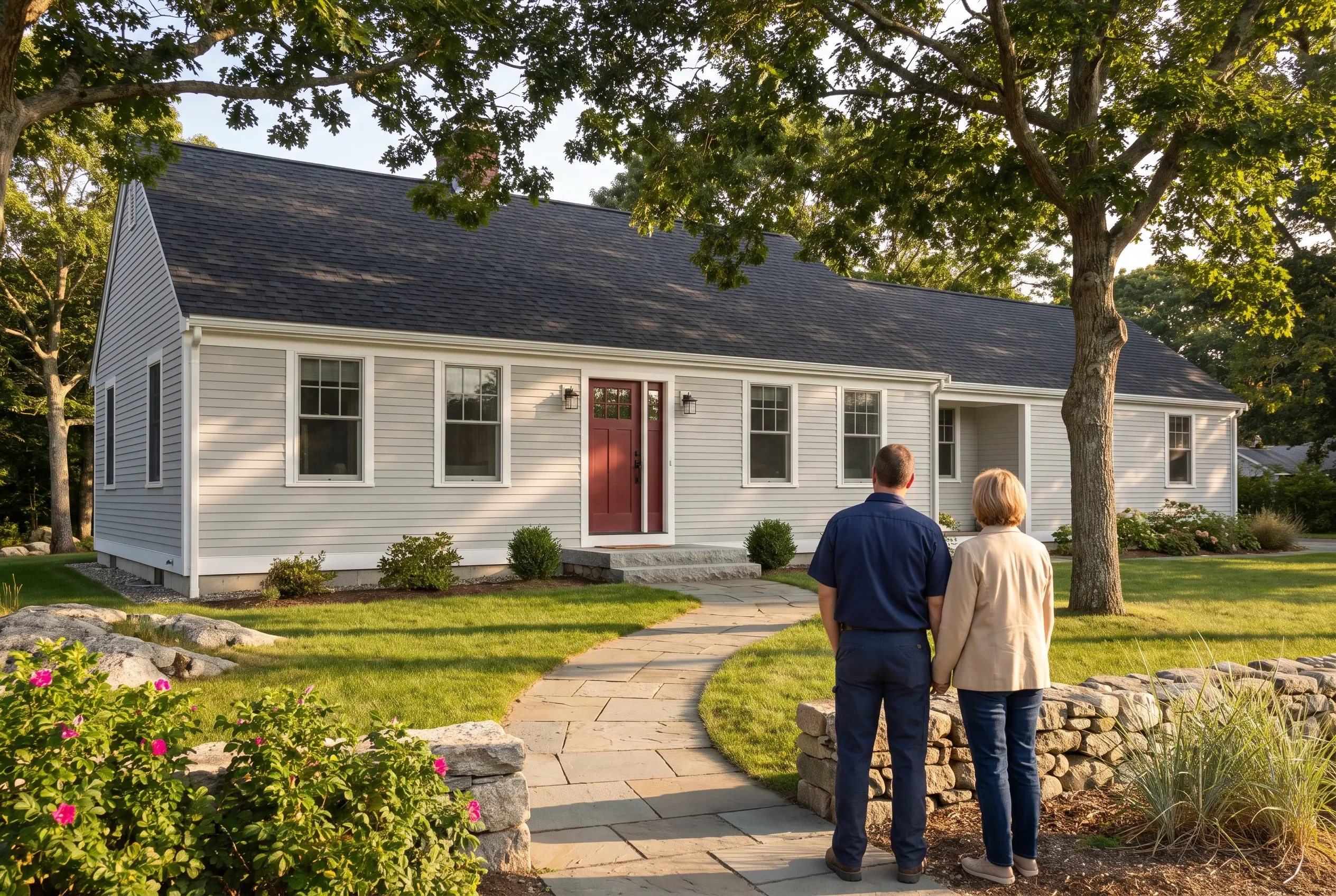 White Ranch Home in Cape Elizabeth, Maine: A single-story white vinyl-sided house with dark roof, white trim, and red front door. Two people stand on a stone walkway facing the home. Landscaped lawn with flowering shrubs and mature trees.