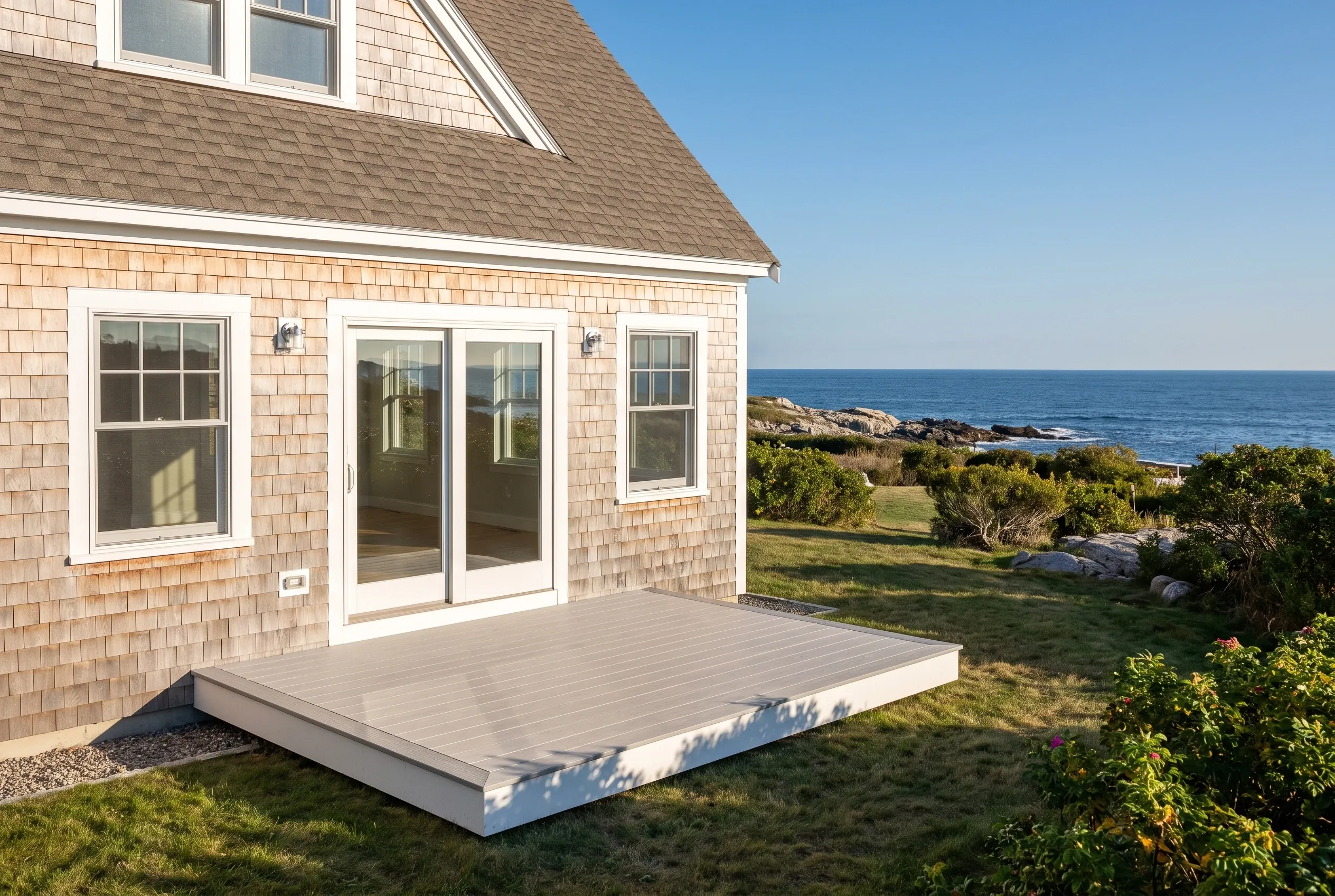 Coastal home with new windows in Cape Elizabeth, Maine: Single-story house with tan cedar shingle siding, white trim, and brown asphalt shingle roof overlooking ocean and rocky coastline.