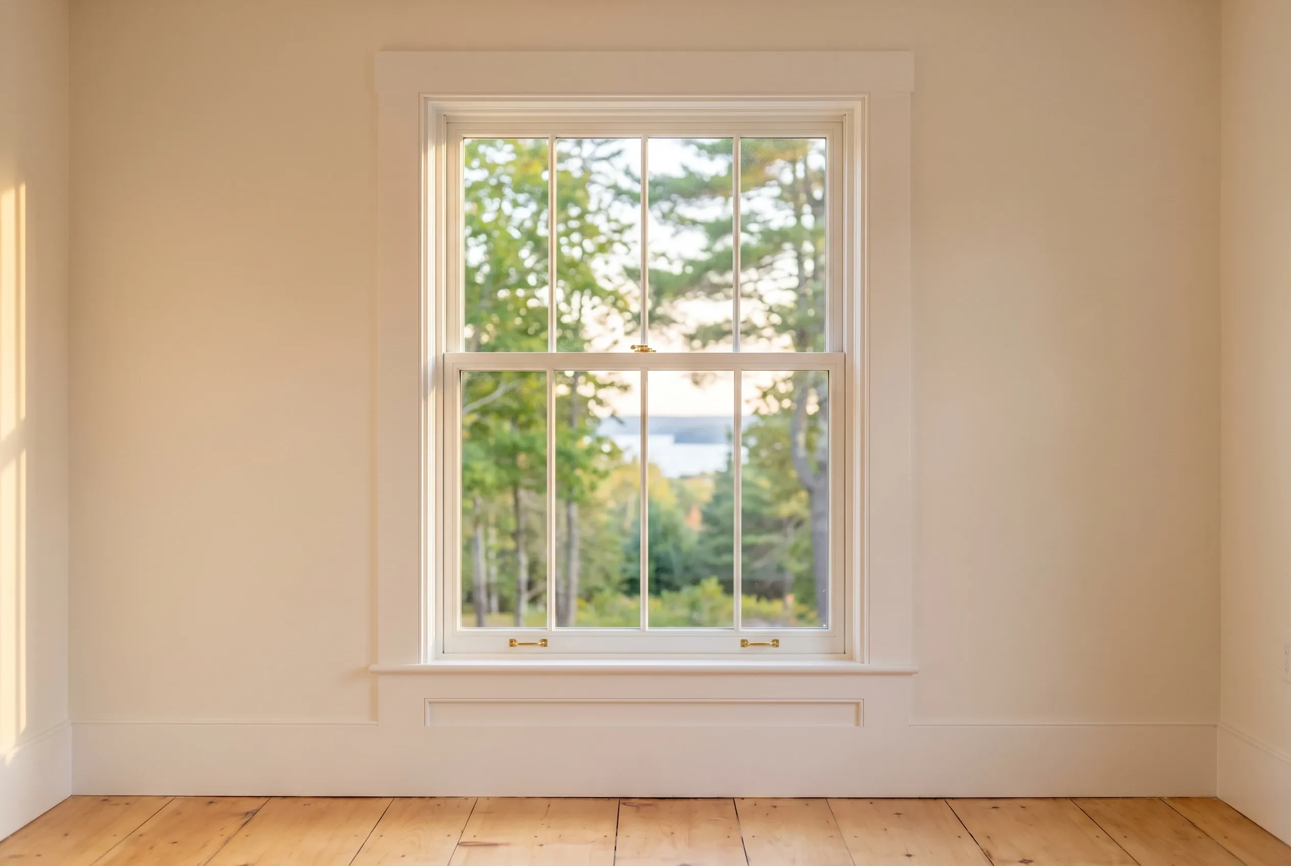 Empty room with double-hung window: Bright interior space with cream walls, wooden floor, and large white-trimmed window overlooking forested landscape in Cumberland, Maine.