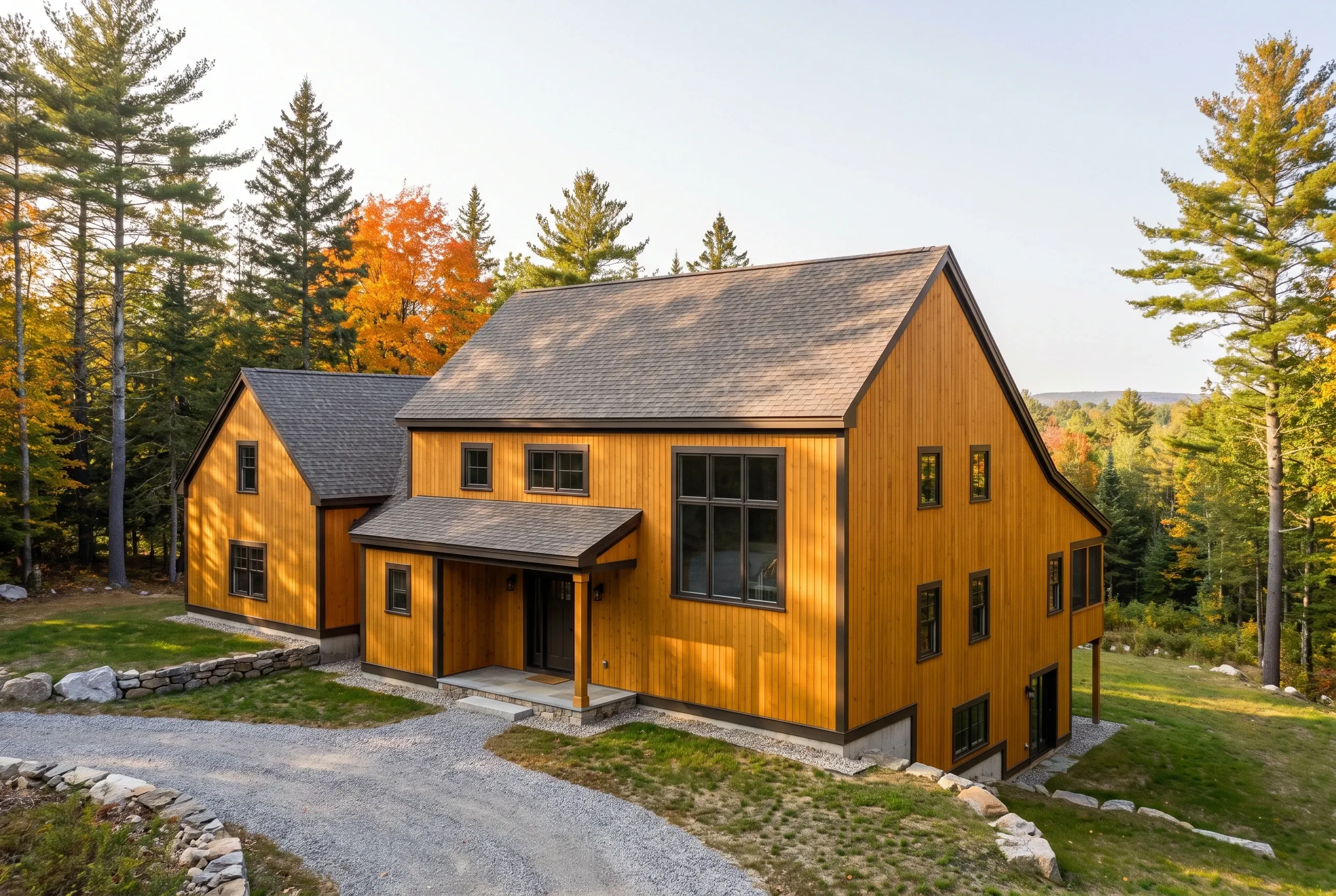 Modern wood-sided home in Cumberland, ME: Orange-brown vertical wood-sided house with dark trim and gray roof surrounded by evergreen and autumn trees on gravel driveway.