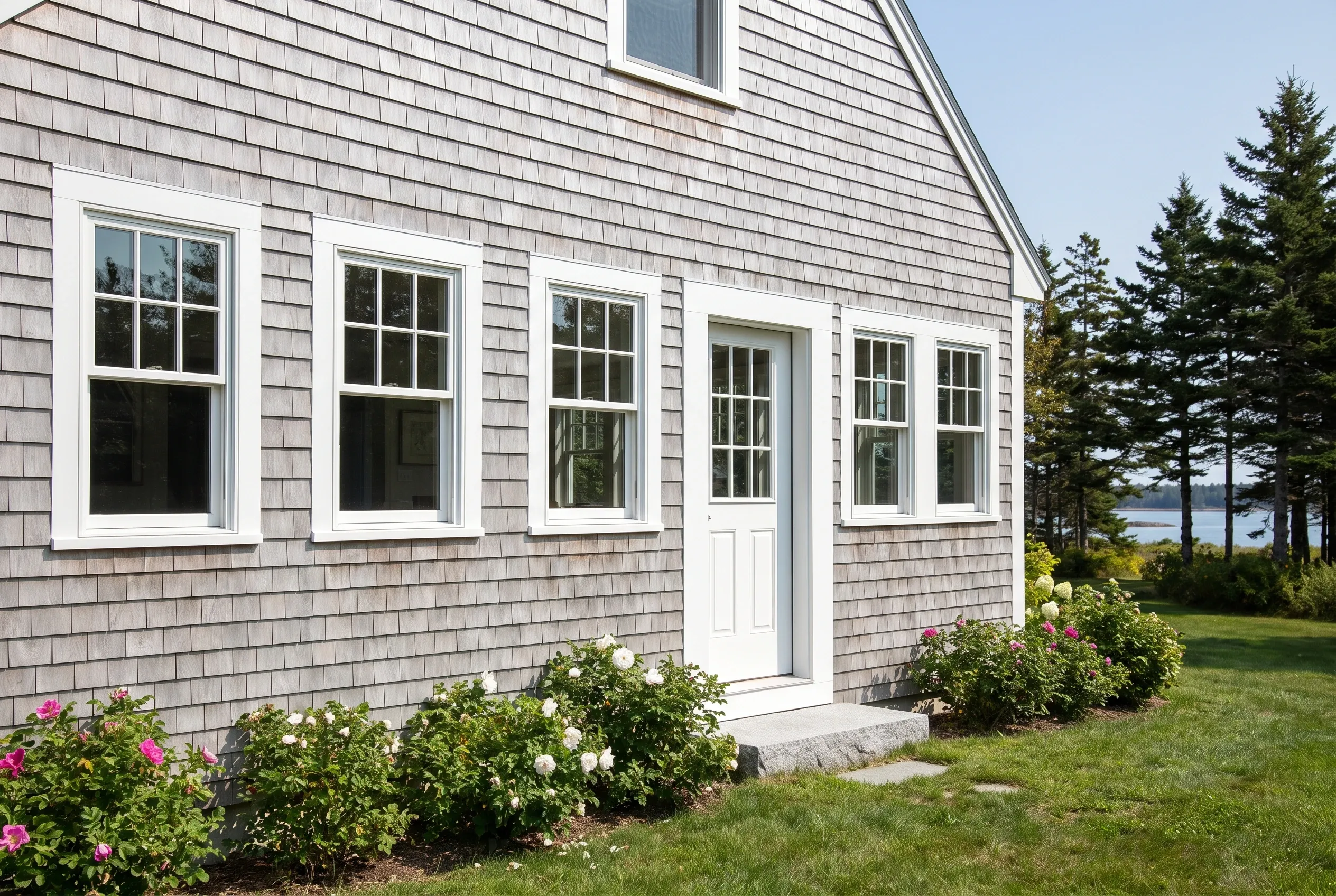 New windows on shingle-sided home in Cumberland, ME: A gray shingled house with white-trimmed windows and door, evergreen trees and water visible in background, flowering shrubs in front.