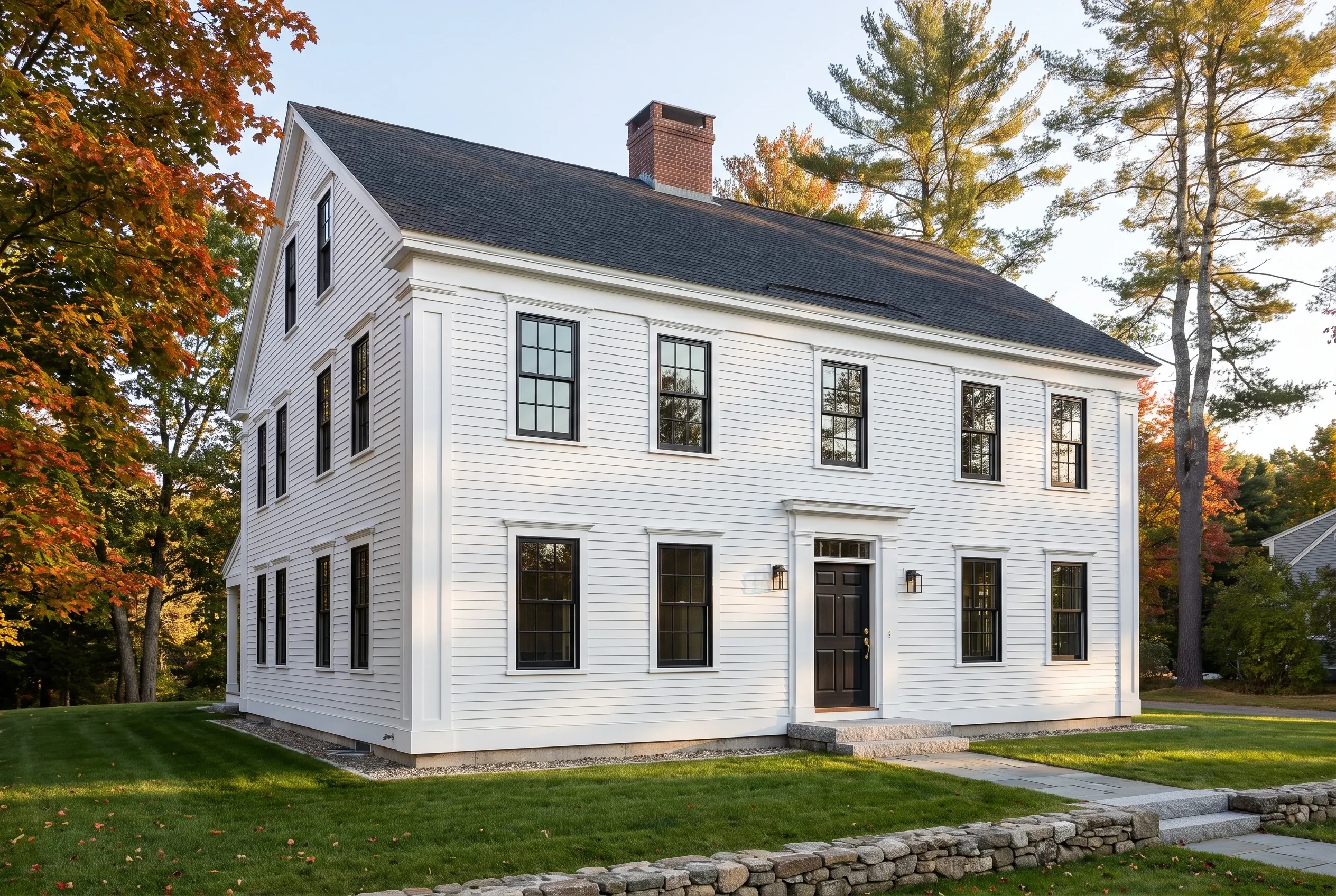 Window replacement in Cumberland, ME: White colonial house with black windows and trim, dark roof, brick chimney, stone foundation, surrounded by autumn trees and green lawn.