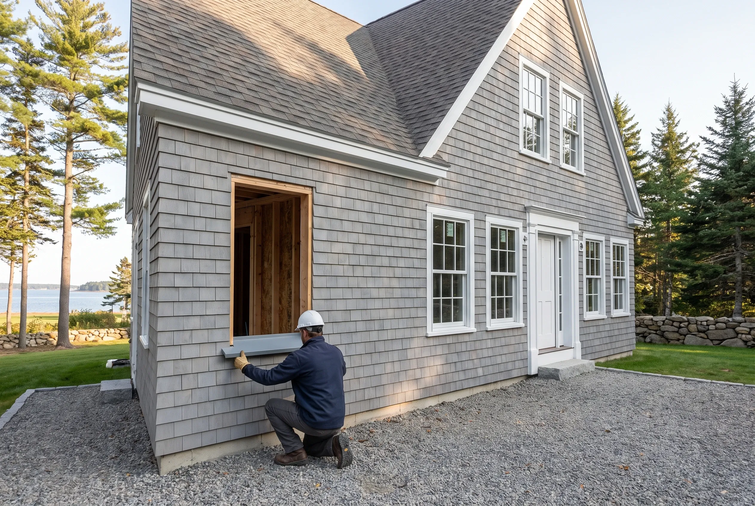 Gray Shingle Cottage in Cumberland, Maine: A worker in a white hard hat measures a wooden-trimmed window opening on a gray-shingled cottage with white trim and dark roof, situated on a gravel driveway near lawn and evergreen trees with water visible in the distance.
