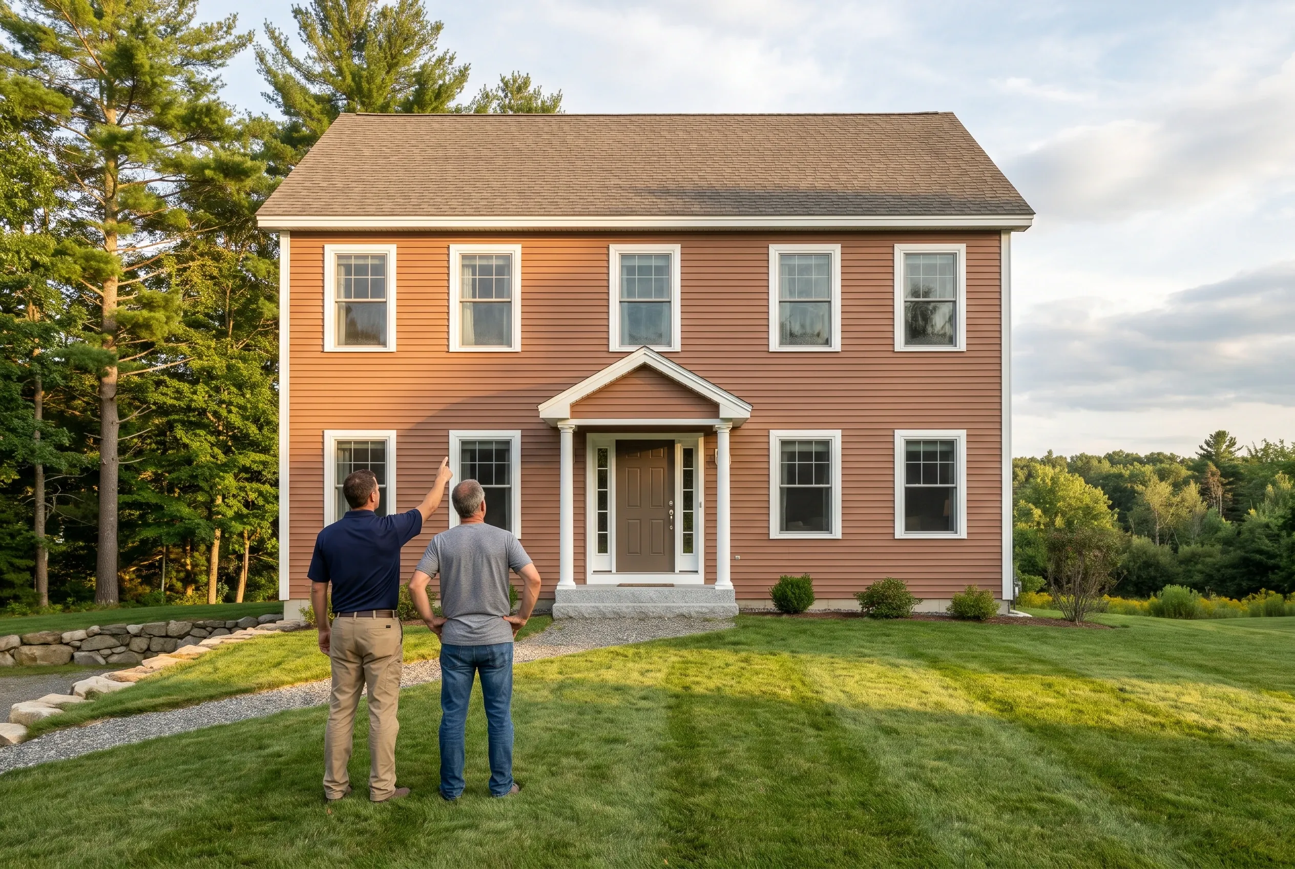Re-sided colonial in Cumberland, ME: Two men viewing front of orange-red two-story house with white trim and brown roof on grassy lot with pine trees.