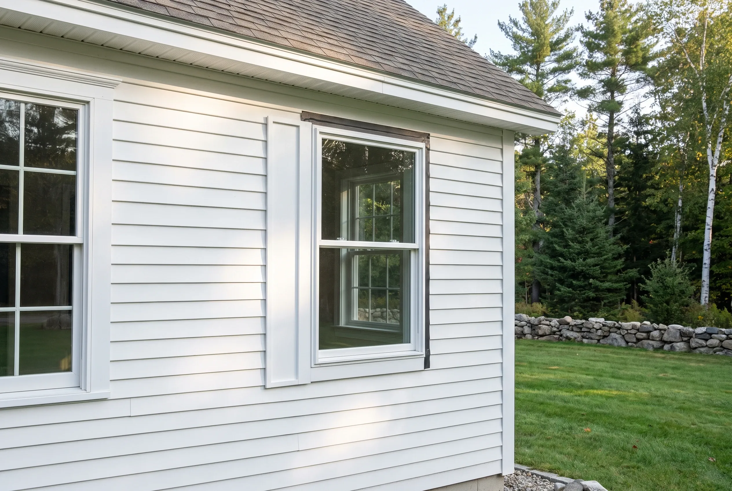 New windows on white ranch home in Cumberland, ME: White vinyl-sided ranch house with new double-hung windows and white trim, dark roof, wooded setting with stone wall and lawn.