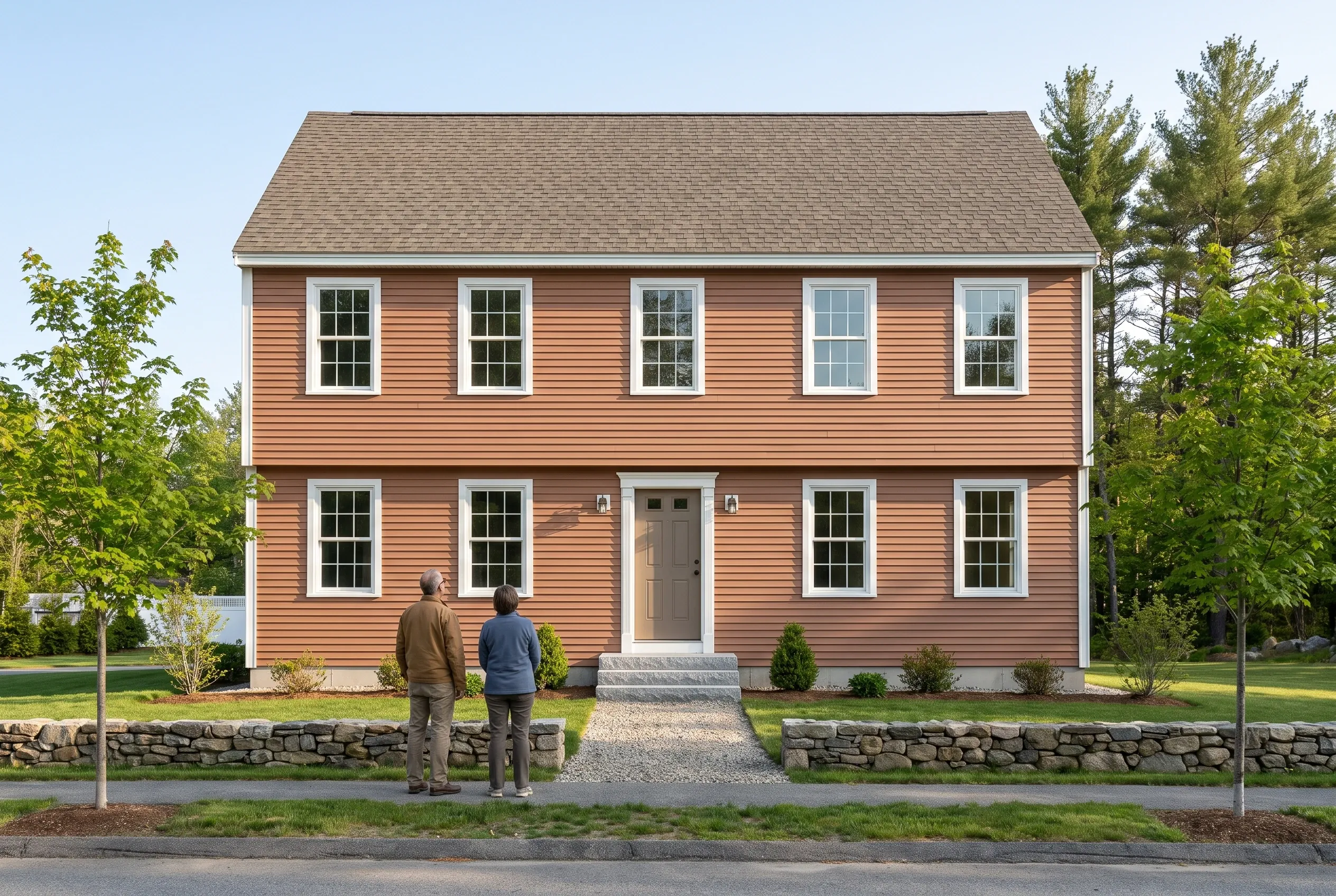 Re-sided colonial in Cumberland, ME: Two-story house with coral-red horizontal siding, white trim, and gray shingle roof. Two people stand on the front walkway facing the house. Stone foundation wall, manicured lawn, trees on either side.
