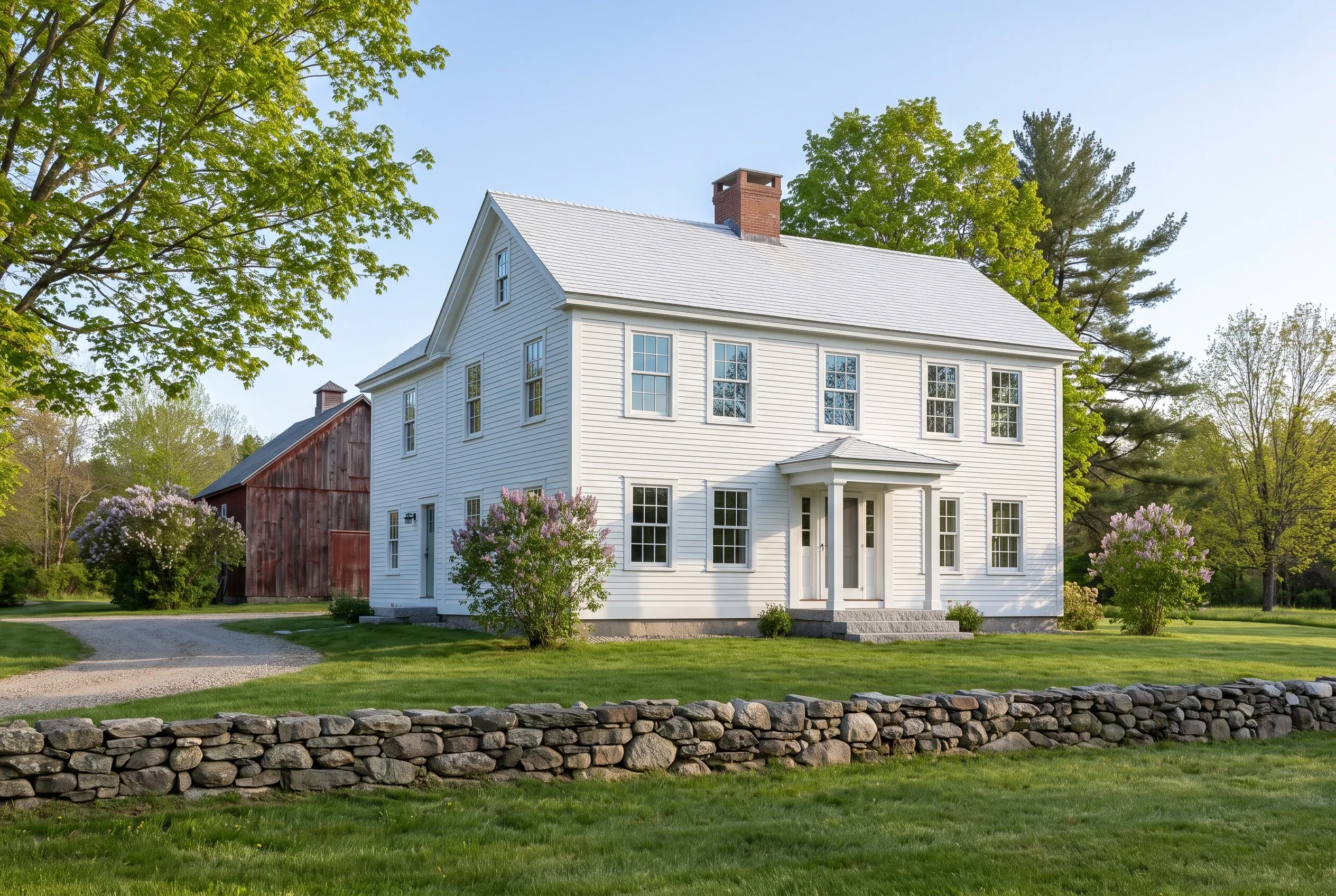 White Colonial in Cumberland, ME: Two-story white vinyl-sided house with black shutters, white trim, and gray metal roof, stone wall in foreground, red barn to left, flowering shrubs, mature trees, clear sky.