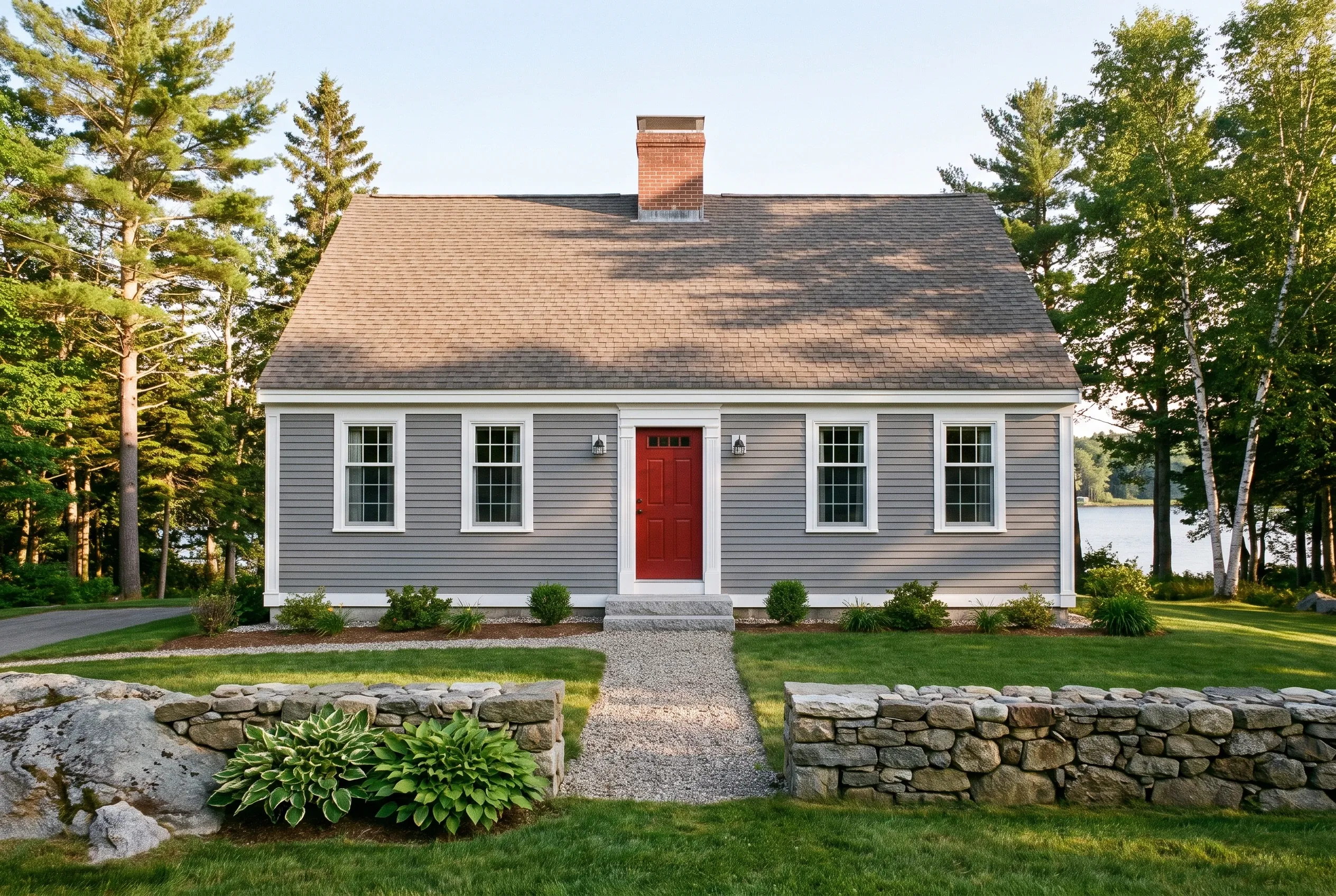Cape Cod cottage in Falmouth, ME: Gray vinyl-sided single-story house with white trim, red door, brick chimney, and gray roof surrounded by evergreen trees and stone walls.