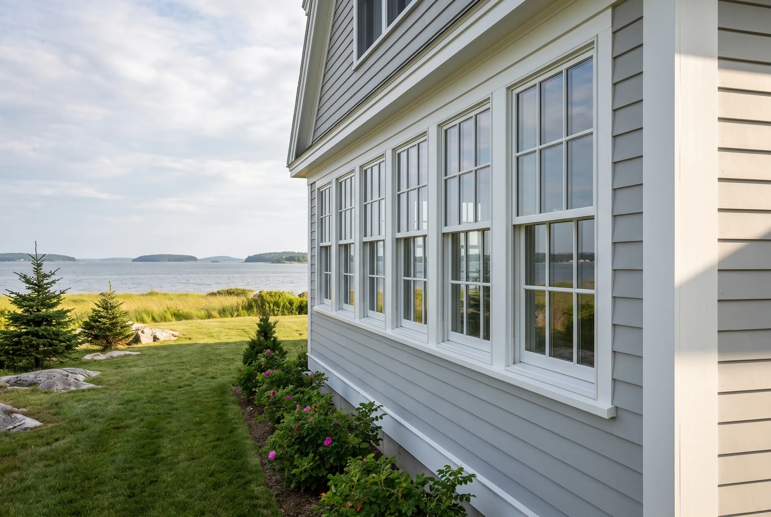 Waterfront home in Falmouth, ME: White house with gray horizontal siding, white-trimmed windows, and gabled roof overlooking grassy lawn, ocean, and islands.