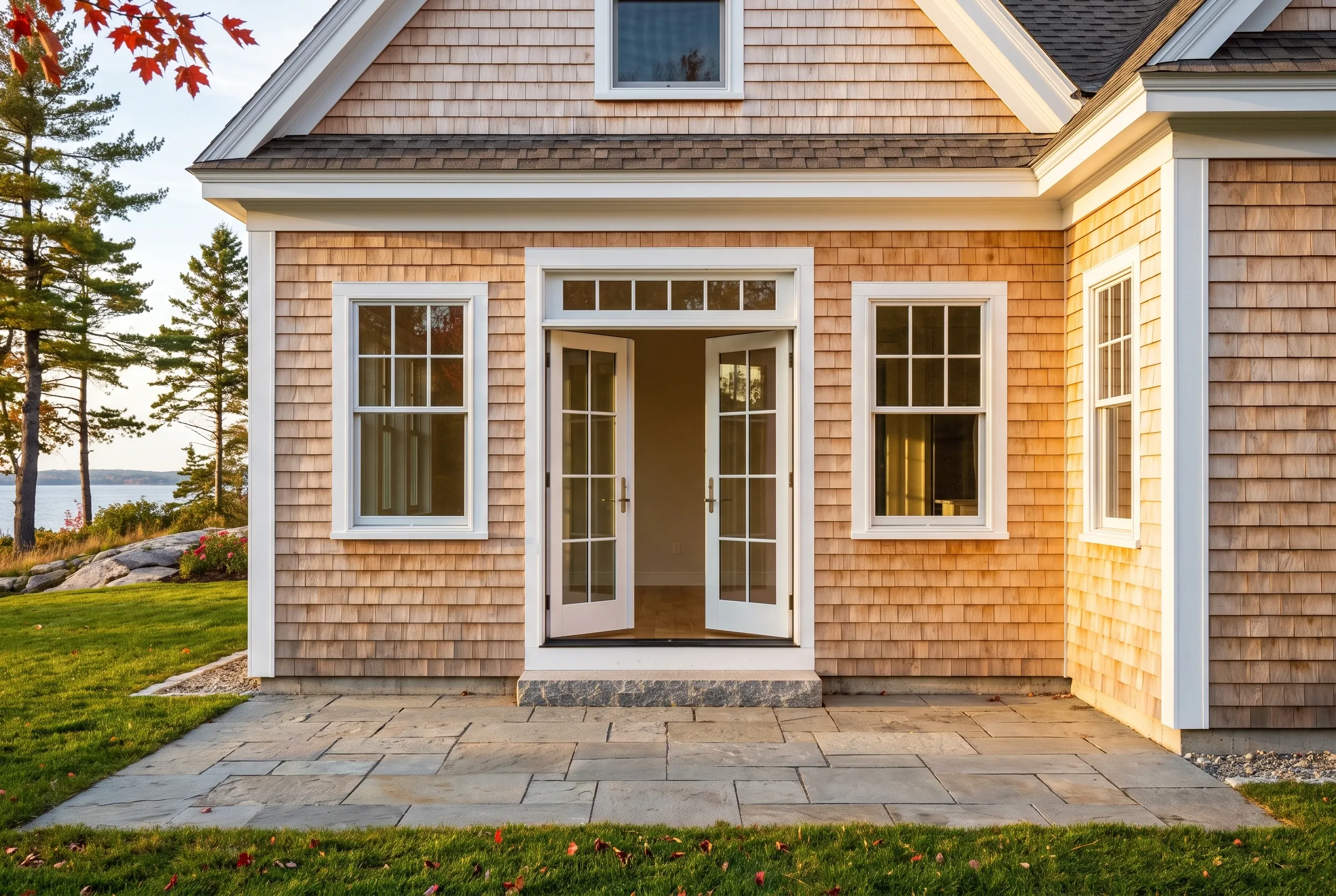 Modern cottage in Falmouth, Maine: Cedar shake sided house with white trim, dark shingle roof, double French doors, multi-pane windows, stone patio, waterfront setting with evergreen trees.