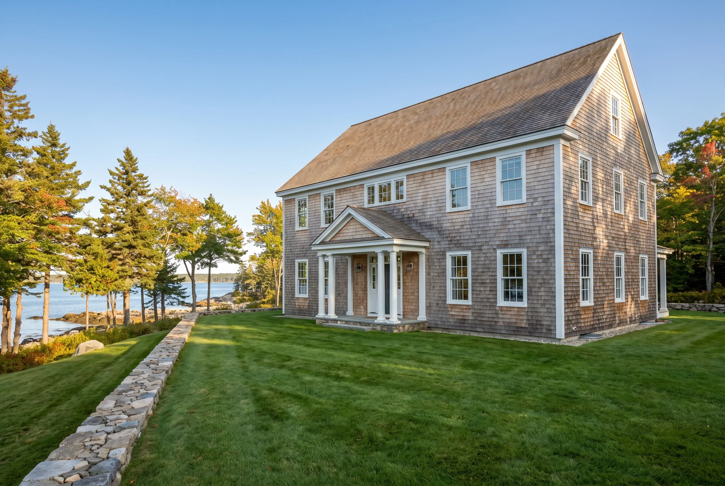 Window replacement in Falmouth, ME: Two-story shingle-sided house with white trim and peaked roof overlooking water and trees.